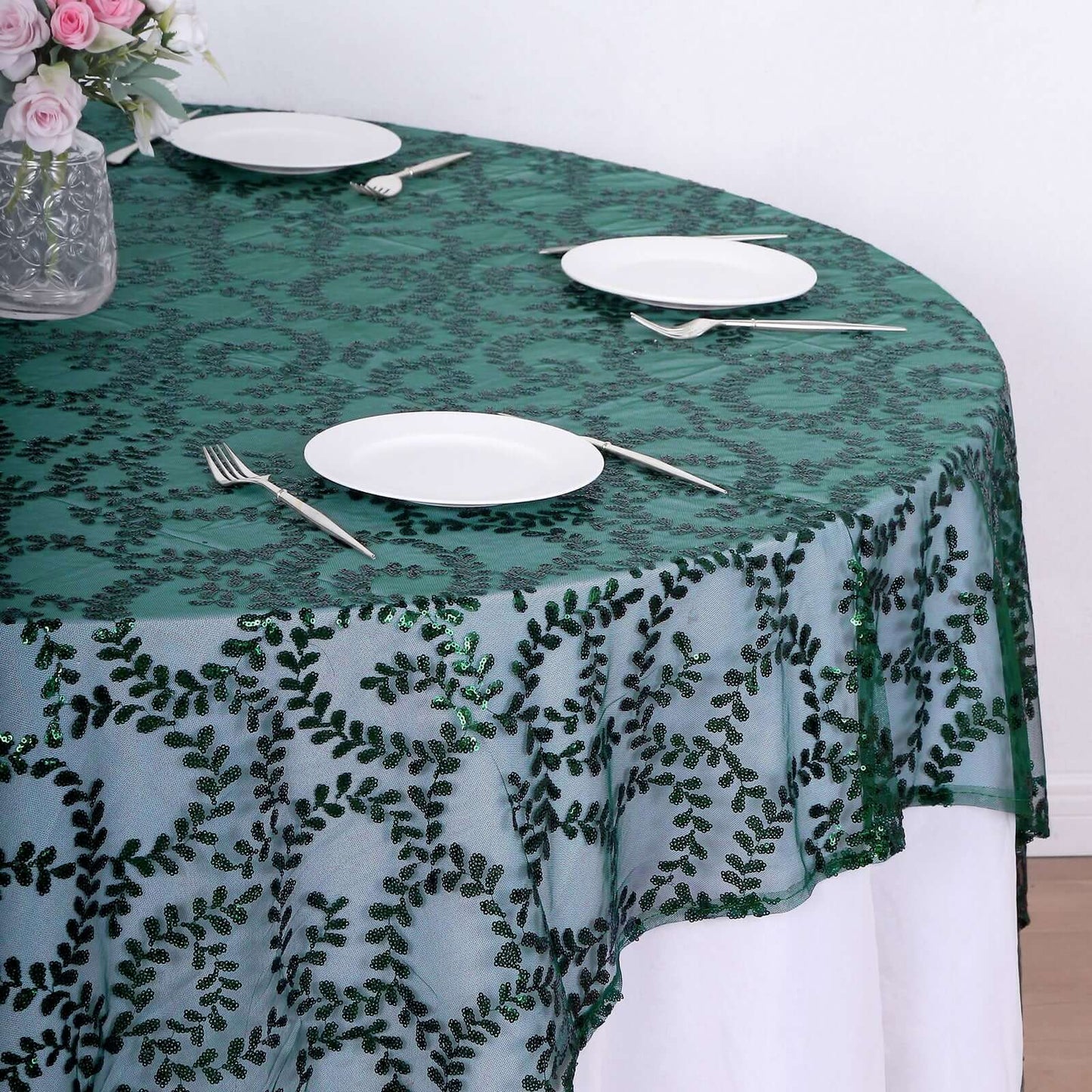 Tulle 72"x72" Table Overlay Square Tablecloth Hunter Emerald Green - Sequin Leaf Embroidered Table Topper