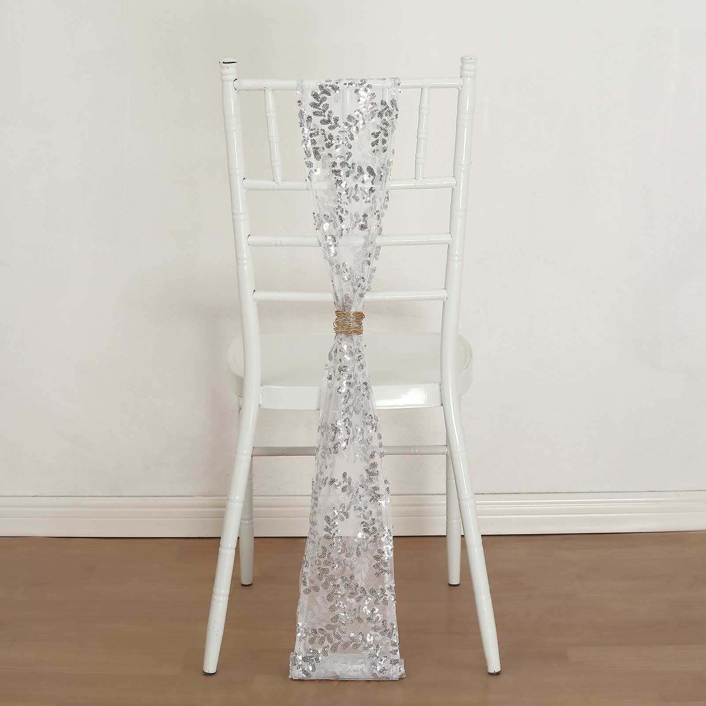 5 Pack Tulle Chair Sashes with Leaf Vine Embroidered Sequins Silver 6"x88"