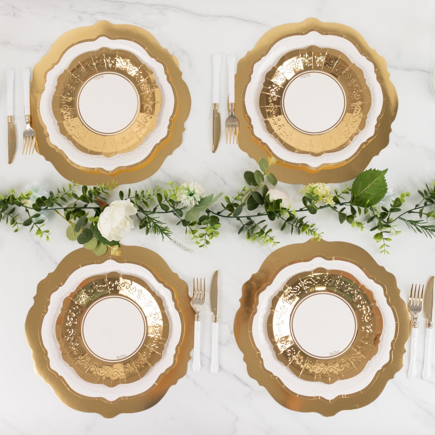 75 Pcs Paper Charger Plates with Gold Embossed Scalloped Rim White - Heavy Duty Disposable Dinner and Salad Plates 8",10",13"