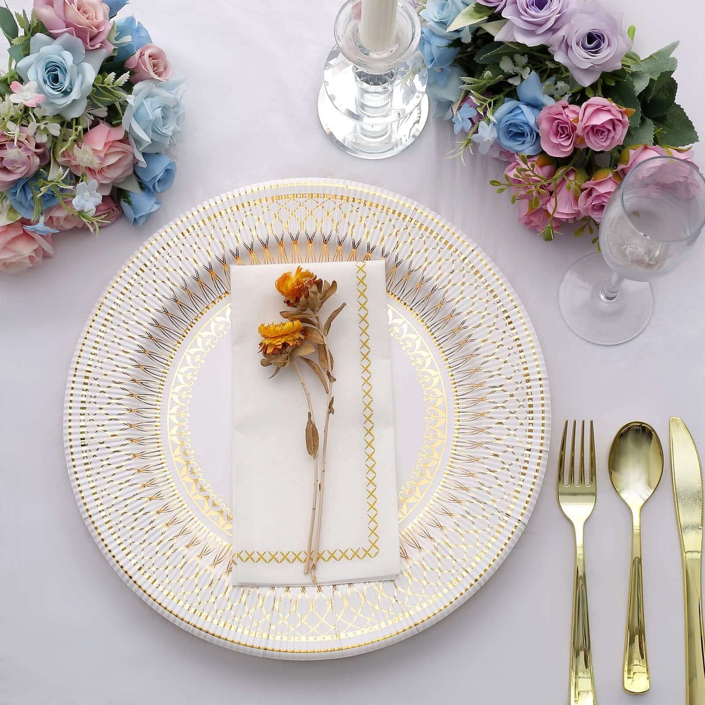 25-Pack Disposable Round Charger Plates in White/Gold Vintage Style - 350GSM Durable Paper Chargers for Events 13"