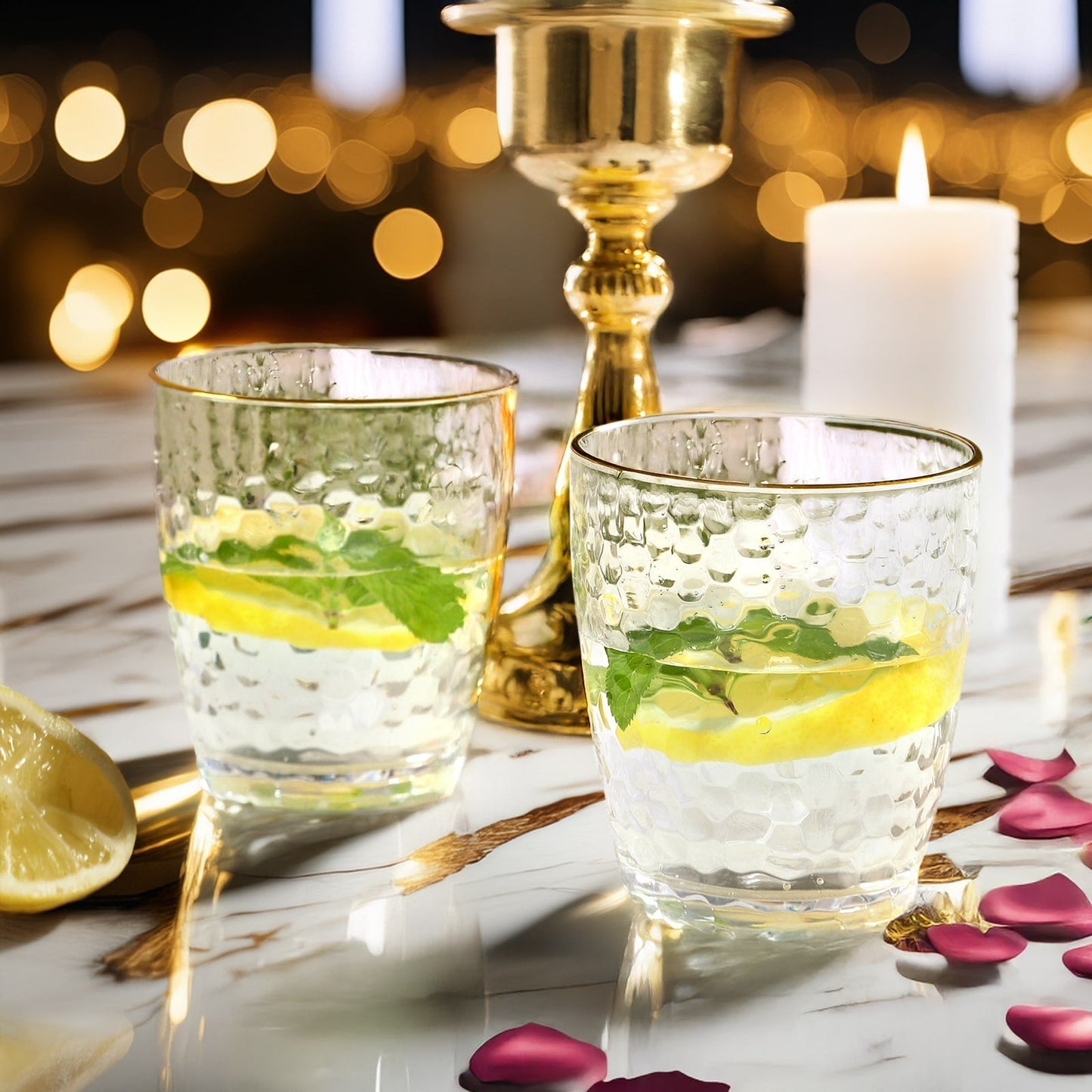 12-Pack Plastic Tumblers Reusable Hammered Cups 14oz â€“ Clear with Gold Rim â€“ Shatterproof Cocktail Drinkware