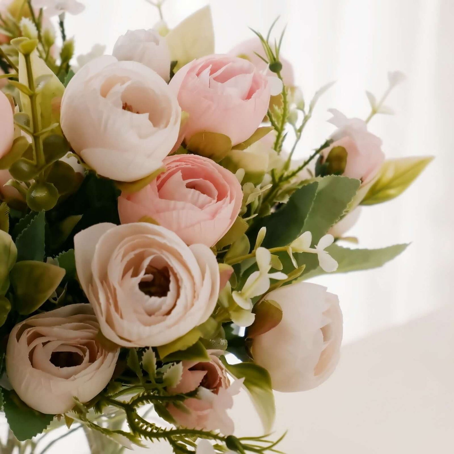 4 Pack 12" Artificial Blush Ranunculus Silk Flower Bridal Bouquets, Faux Buttercup Floral Arrangement