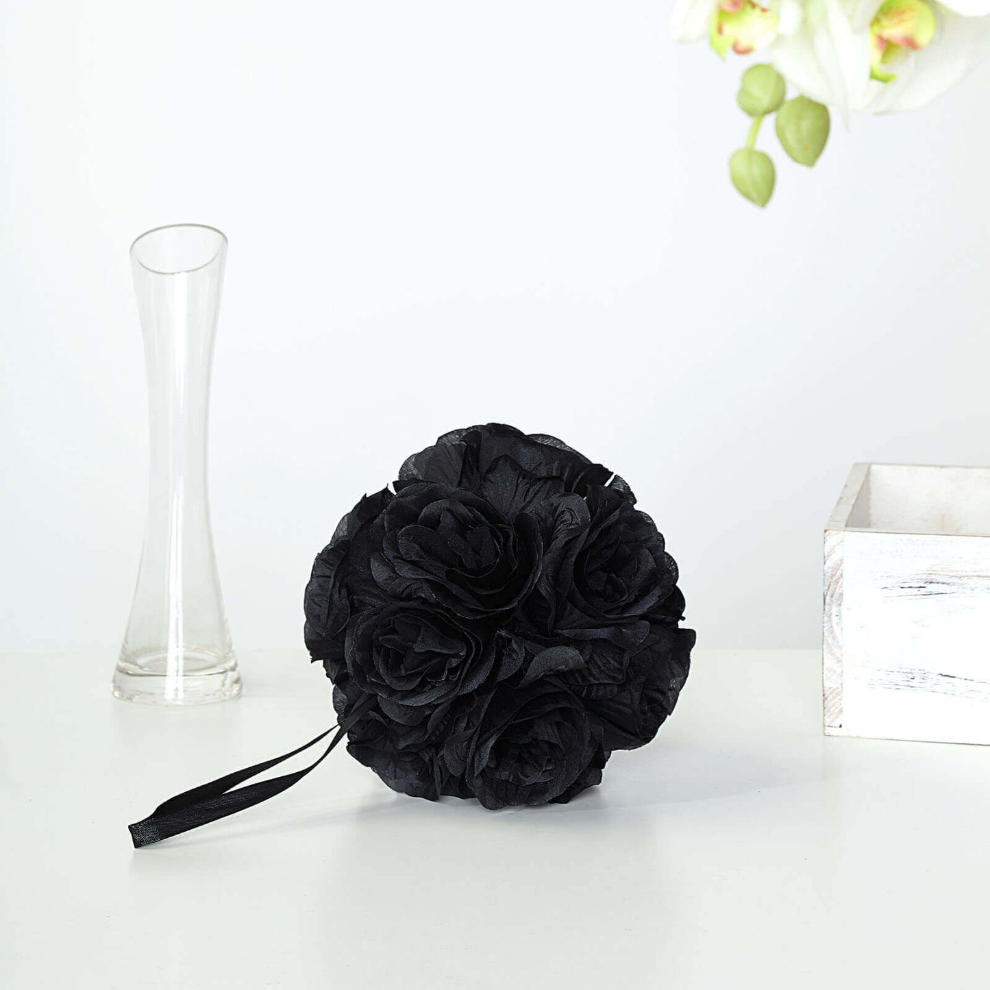 2 Pack 7" Black Artificial Silk Rose Kissing Ball, Faux Flower Ball