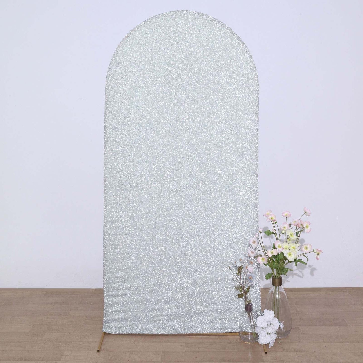 7ft Silver Shimmer Tinsel Spandex Chiara Backdrop Stand Cover For Fitted Round Top Wedding Arch