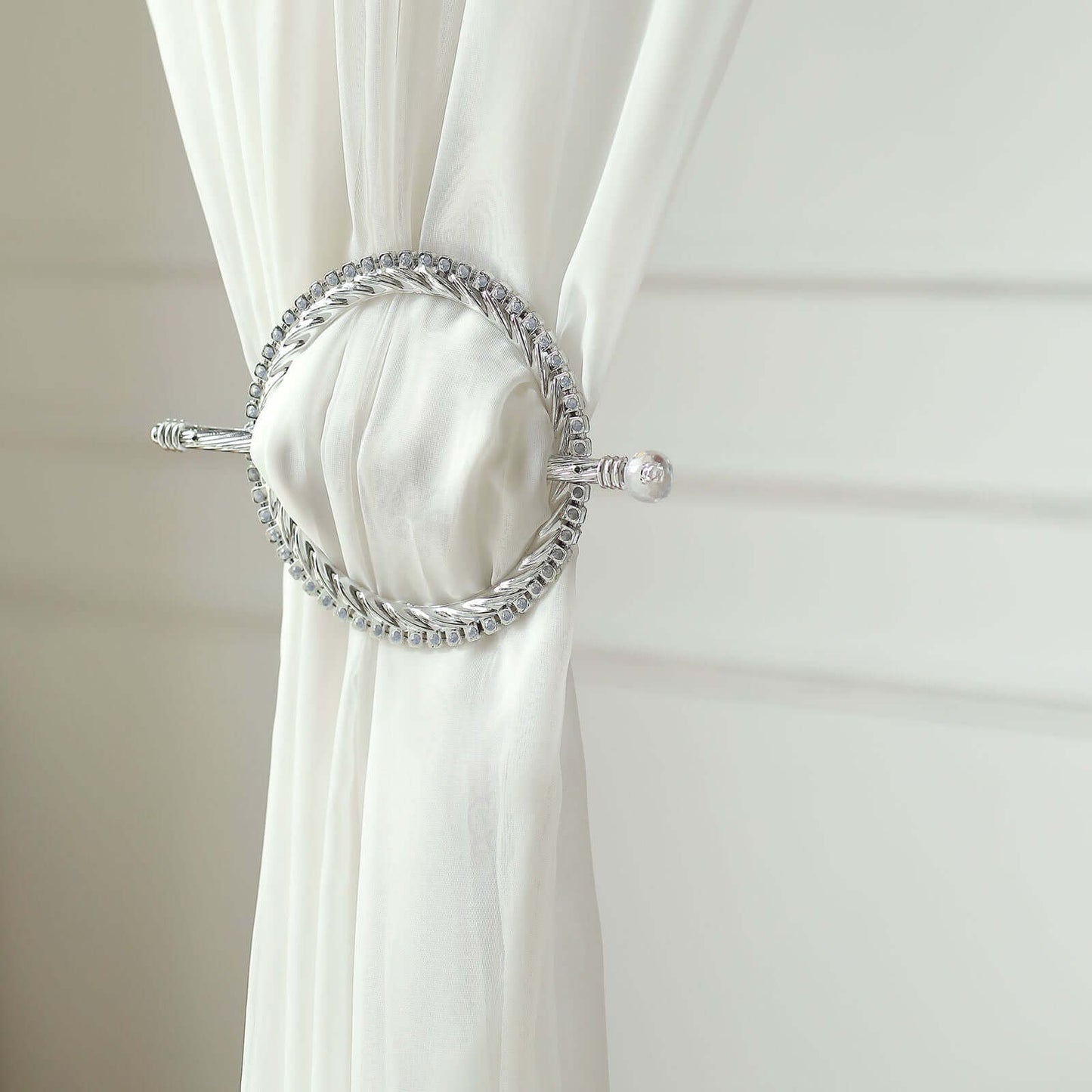 Set of 2 6" Silver Acrylic Braided Barrette Style Curtain Tie Backs With Crystal Diamond Studded Edge, Round Backdrop Drapery Brooch Holdbacks