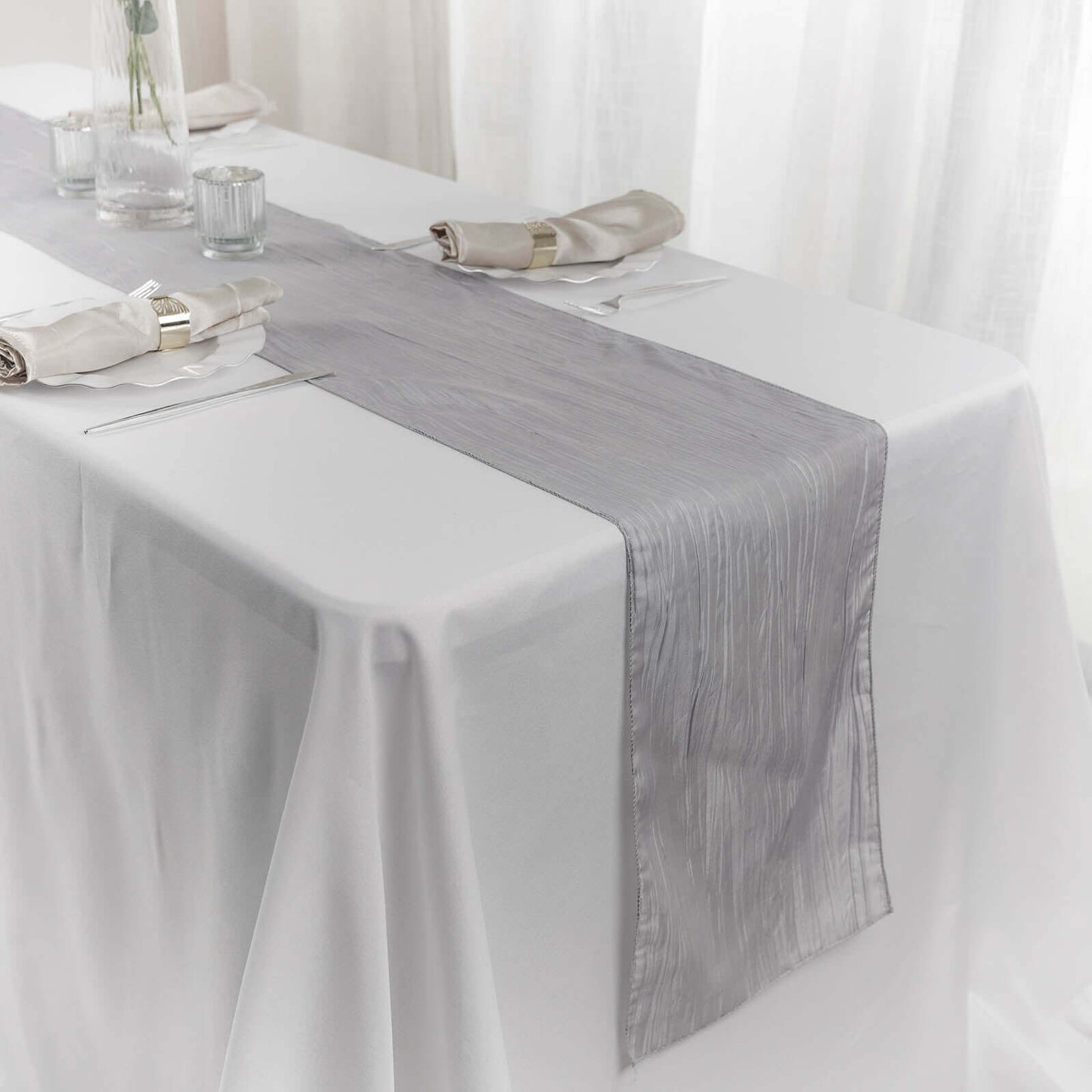 Taffeta 12"x108" Table Runner Silver - Accordion Crinkle Design