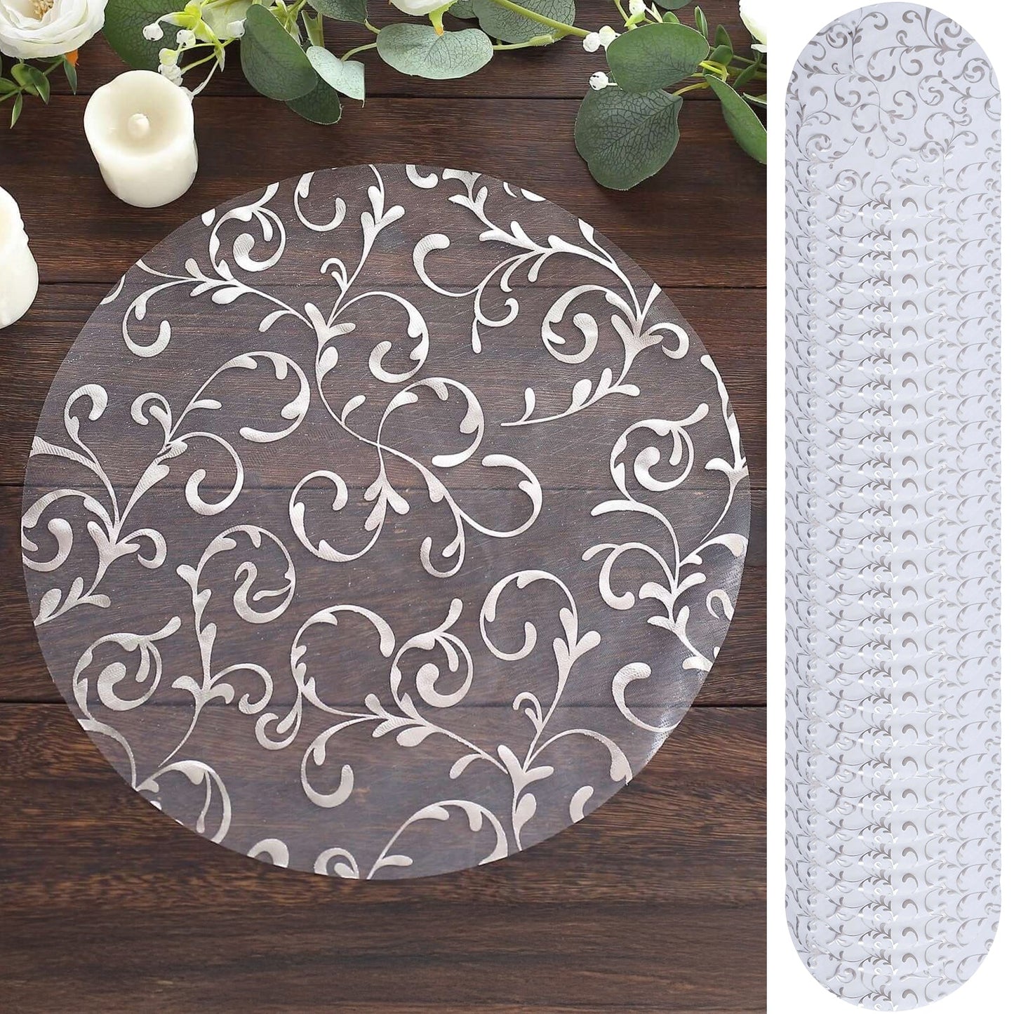 50-Pack Table Placemats Embossed Foil Flower Design Metallic Silver Round - Sheer Organza Disposable Mats 13"
