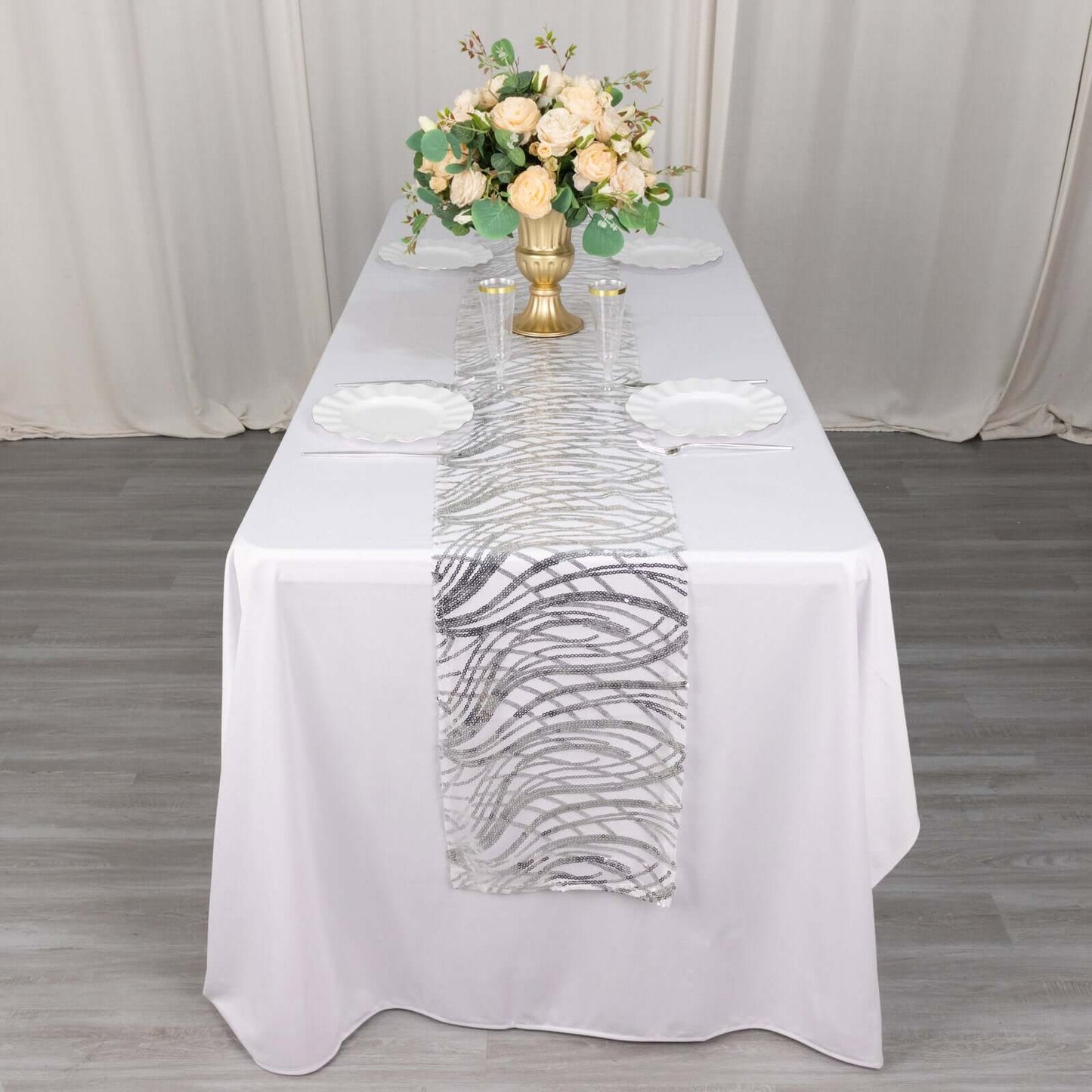 Sequin Mesh 12"x108" Table Runner Silver Stylish Wave Embroidery