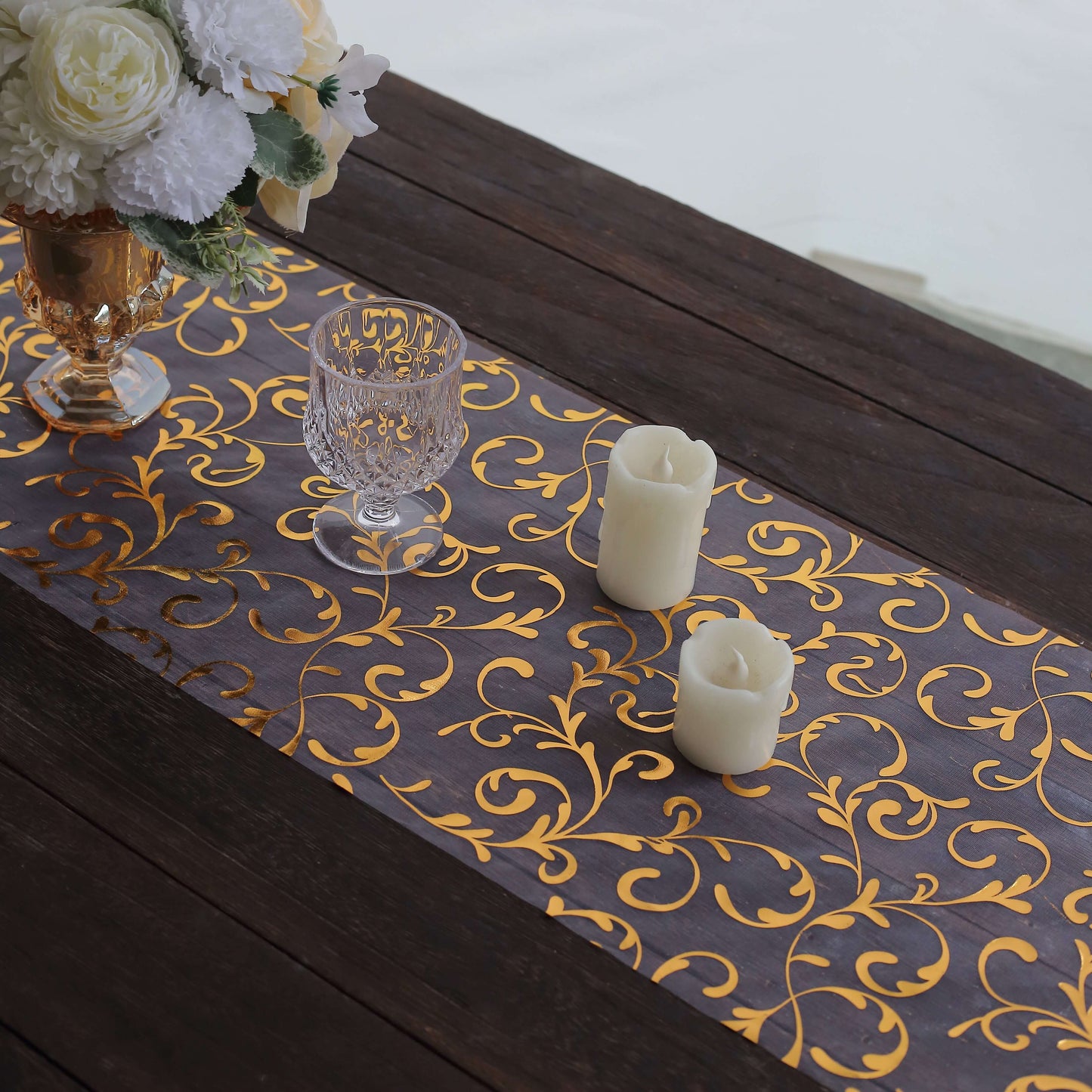 Sheer Organza 12"x108" Table Runner Roll Metallic Gold Foil Embossed Floral Design - Stylish Event Decoration