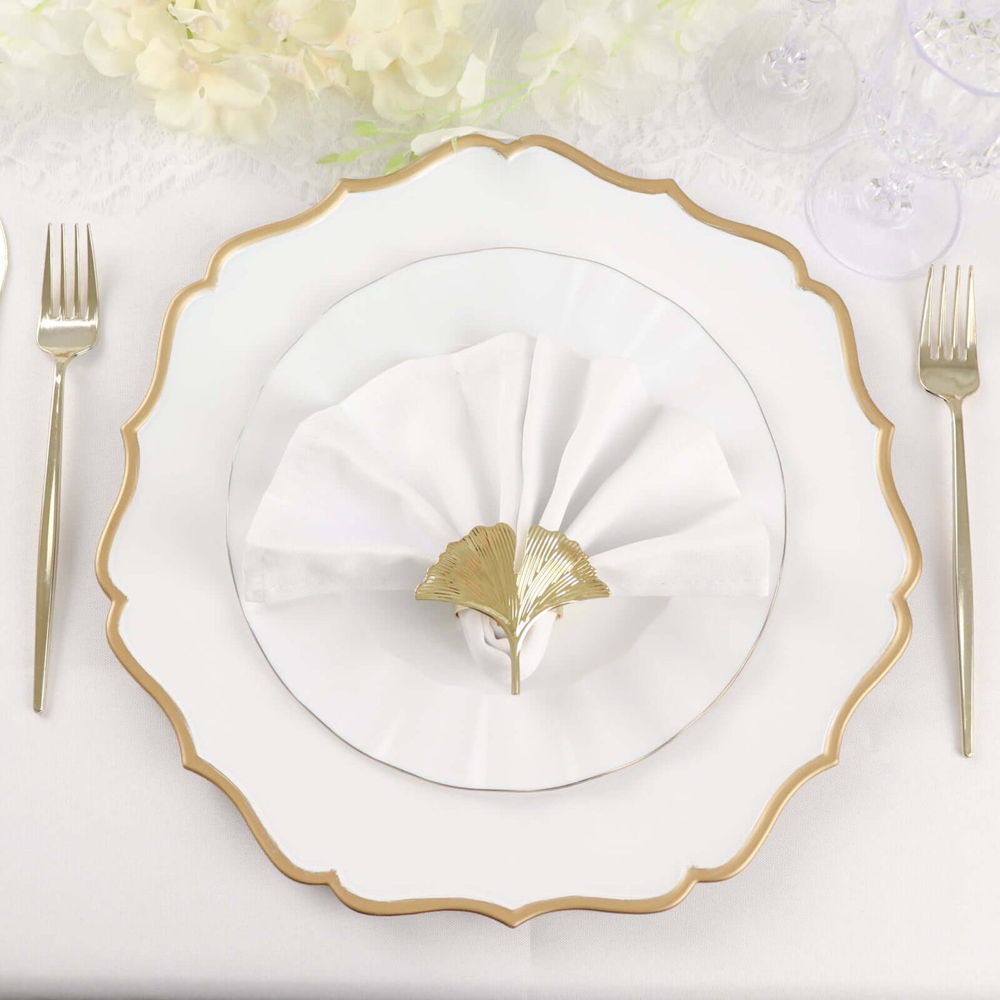 6-Pack Acrylic Round Charger Plates 13" in White with Gold Scalloped Rim, Decorative Dinner Party Plastic Charger Tableware