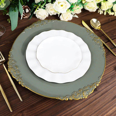 6-Pack Acrylic Round Charger Plates 13" in Olive Green with Gold Embossed Baroque Rim, Antique Decorative Dinner Party Charger Tableware