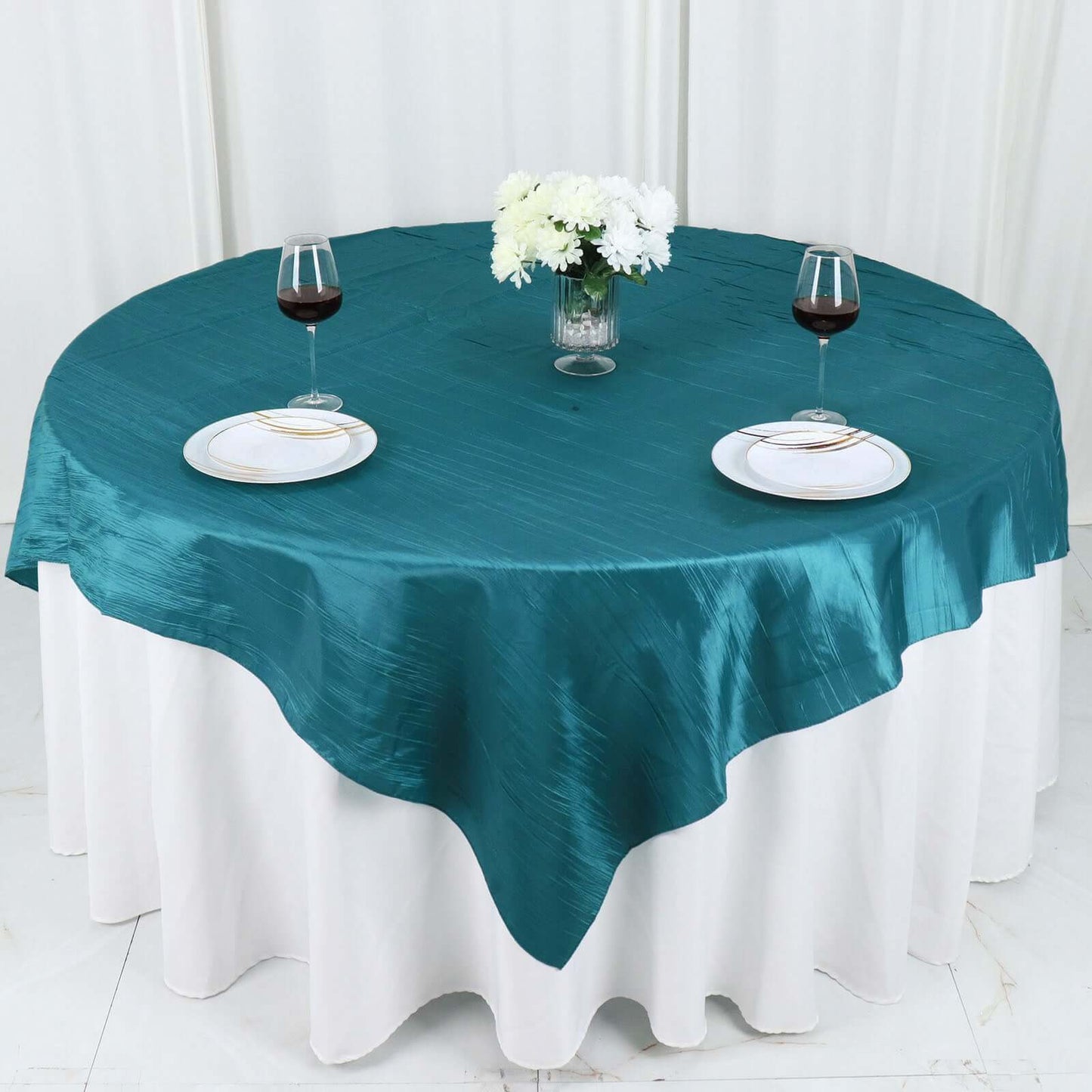 Taffeta 72"x72" Table Overlay Square Tablecloth Peacock Teal - Accordion Crinkle Table Cover