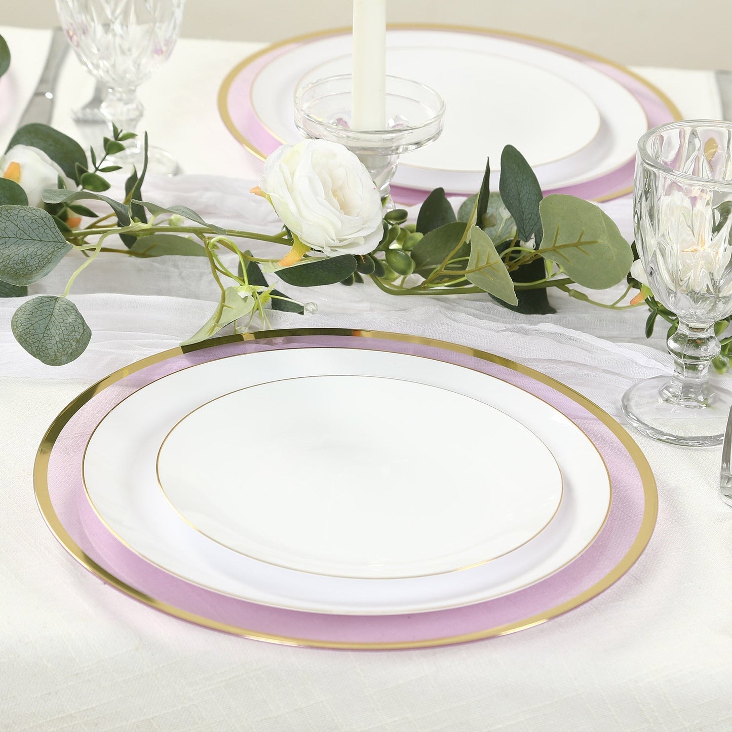 10 Pack Purple Economy Plastic Charger Plates With Gold Rim, 12" Round Transparent Dinner Chargers Event Tabletop Decor
