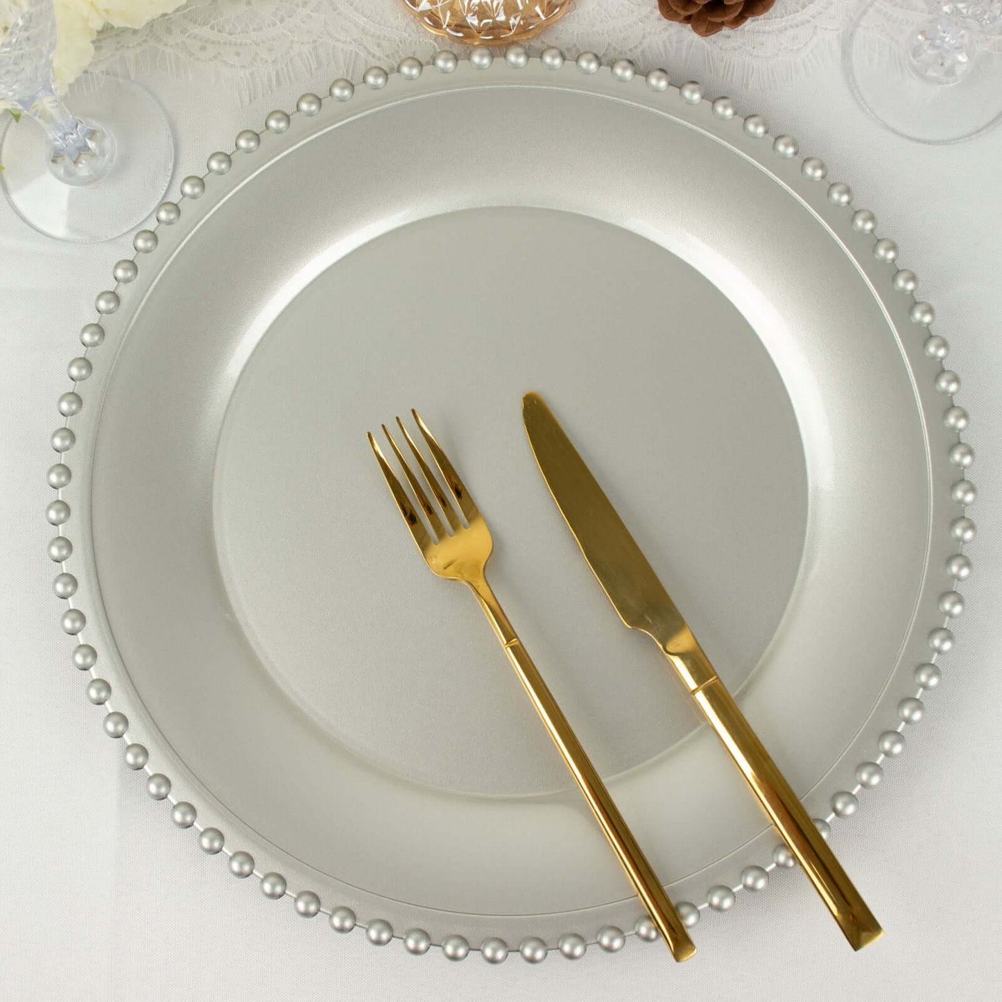 6-Pack Acrylic Round Charger Plates 13" in Silver with Beaded Rim, Decorative Dinner Party Charger Tableware