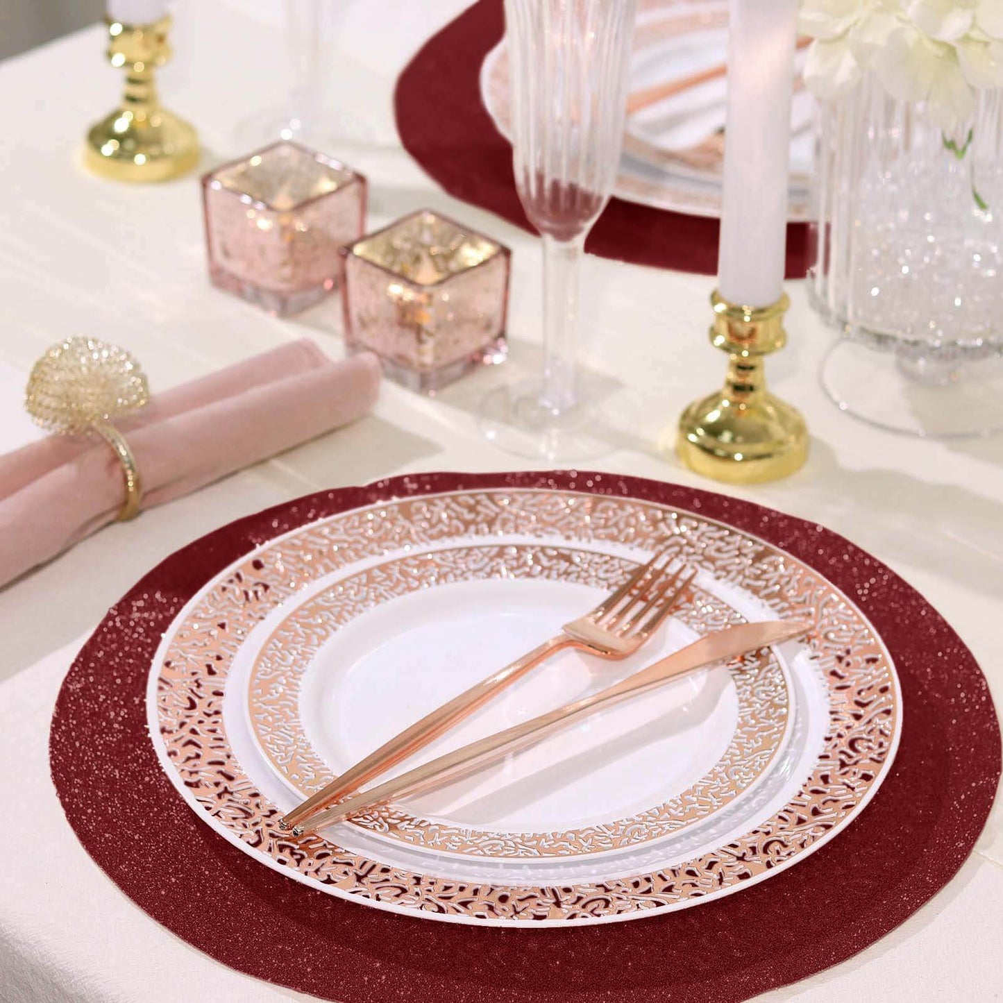 6-Pack Placemats Glitter Design Burgundy Sparkle Round - Non-Slip Decorative Dining Table Mats 13"