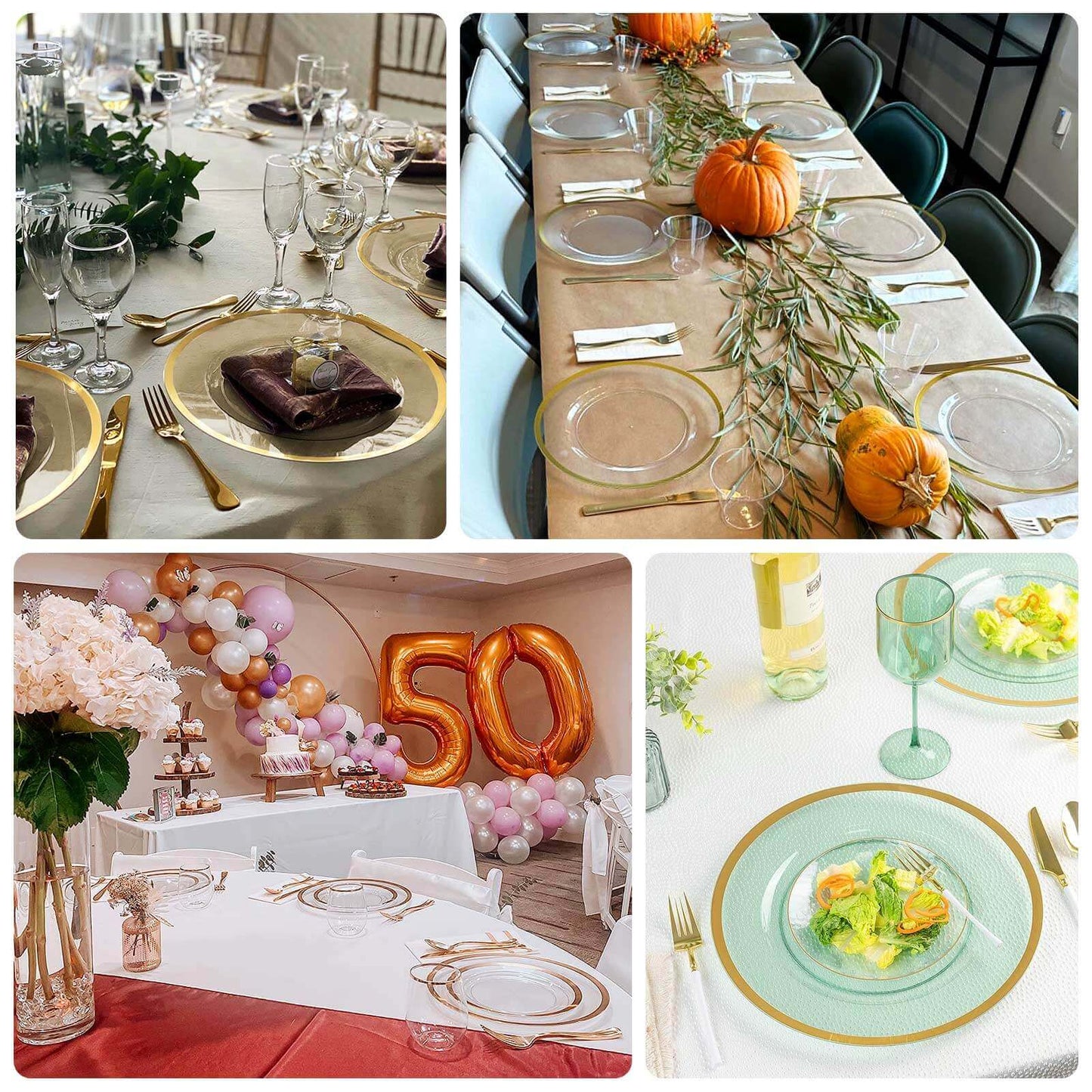 10-Pack Economy Plastic Round Charger Plates 12" in Clear with Wide Silver Rim, Decorative Dinner Party Serving Plates