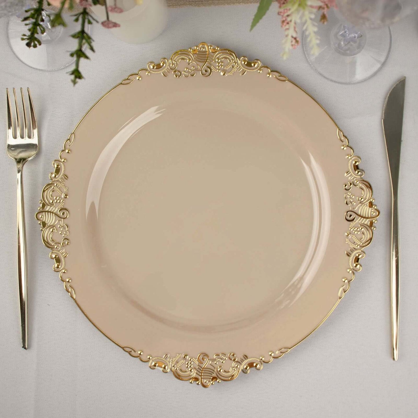 10-Pack Plastic 10" Round Dinner Plates in Taupe with Gold Leaf Embossed Rim - Disposable Vintage Baroque Style Plates