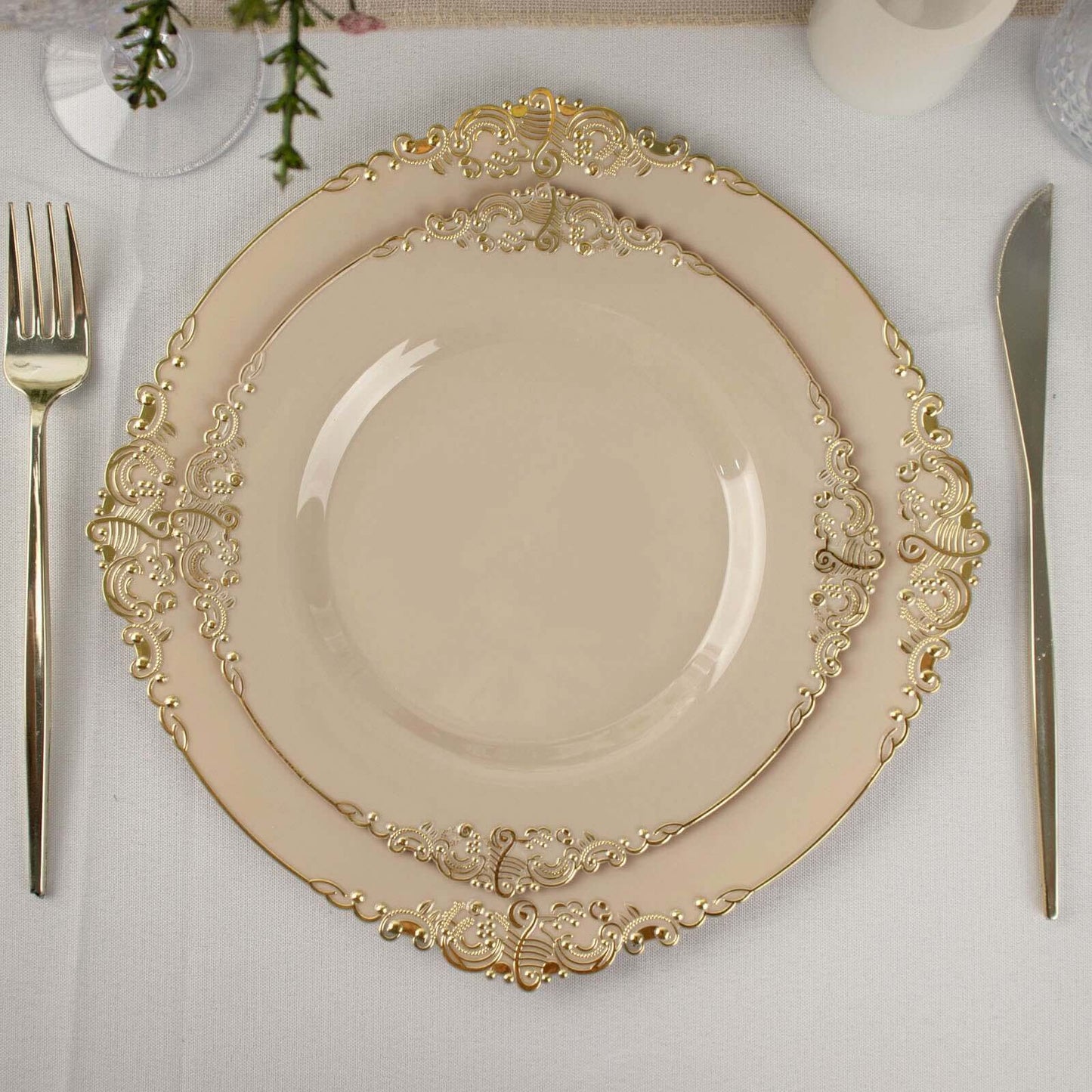 10-Pack Plastic 8" Round Dessert Plates in Taupe with Gold Leaf Embossed Rim - Disposable Vintage Baroque Style Salad Plates