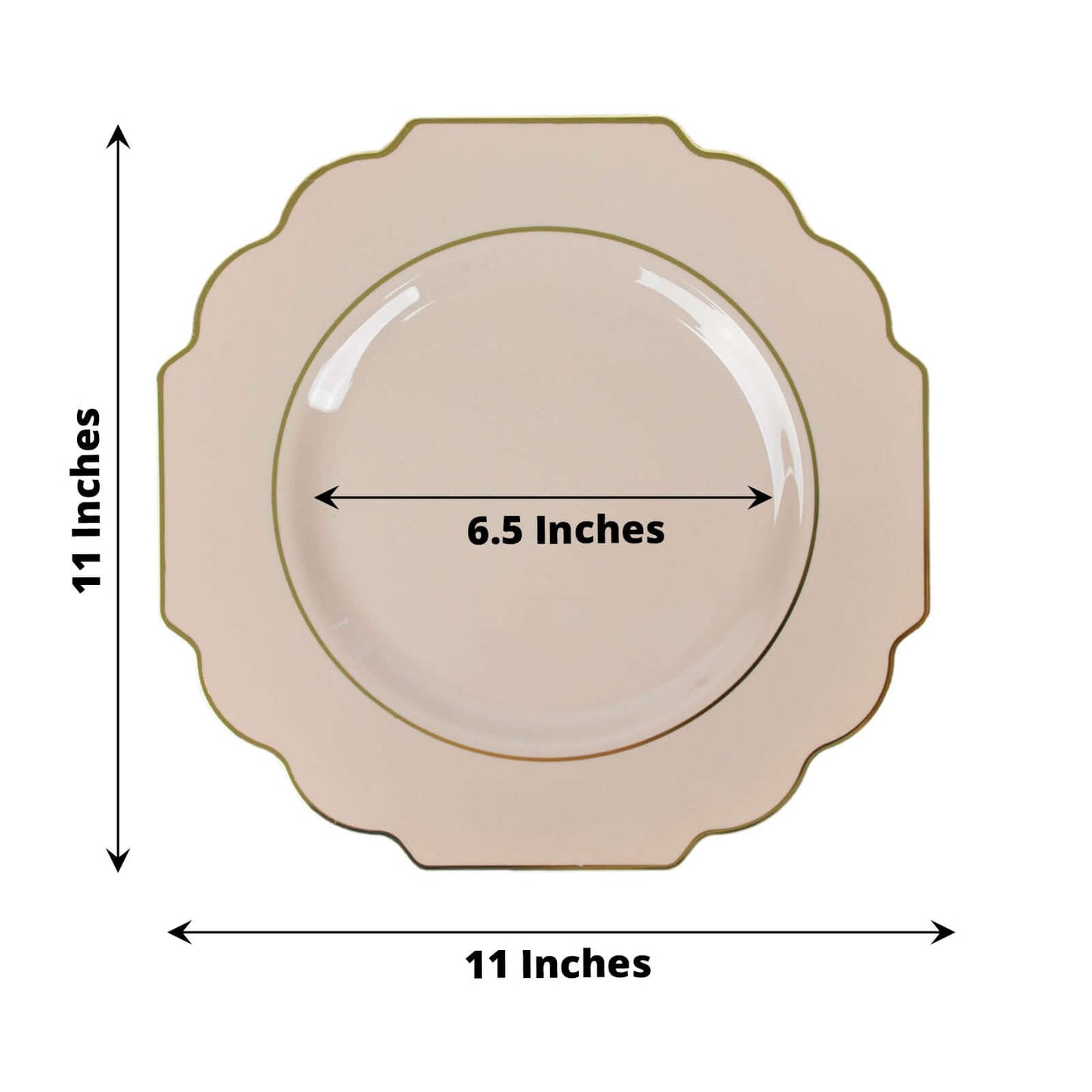 10-Pack Plastic Dinner Plates in Taupe Baroque Design with Scalloped Gold Rim - Heavy Duty Disposable Party Plates 11"