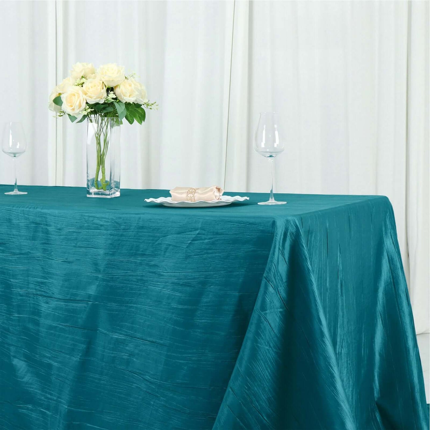Taffeta 90"x156" Rectangle Tablecloth Teal - Accordion Crinkle Seamless Table Cover