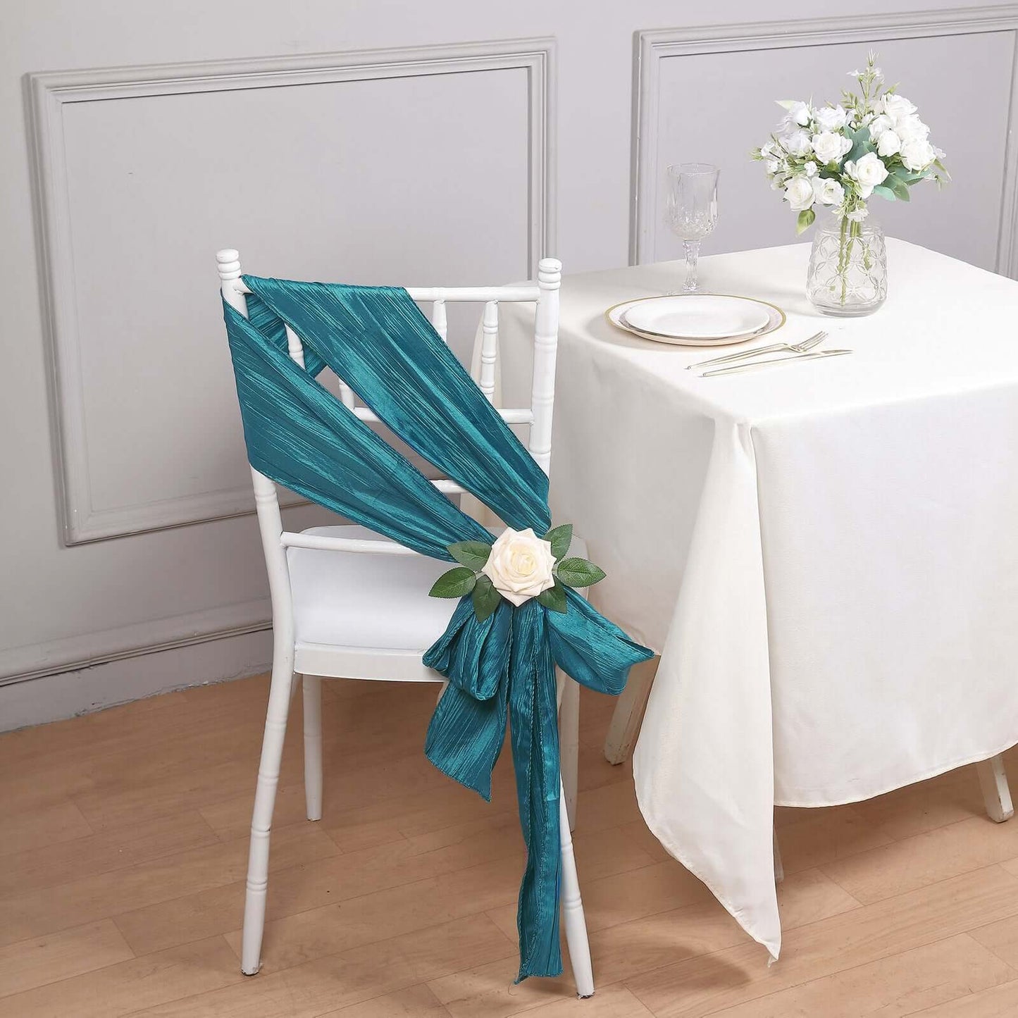 5 Pack Taffeta 6"x106" Chair Sashes Teal Accordion Crinkle Texture - Stylish Decor for Weddings & Gatherings