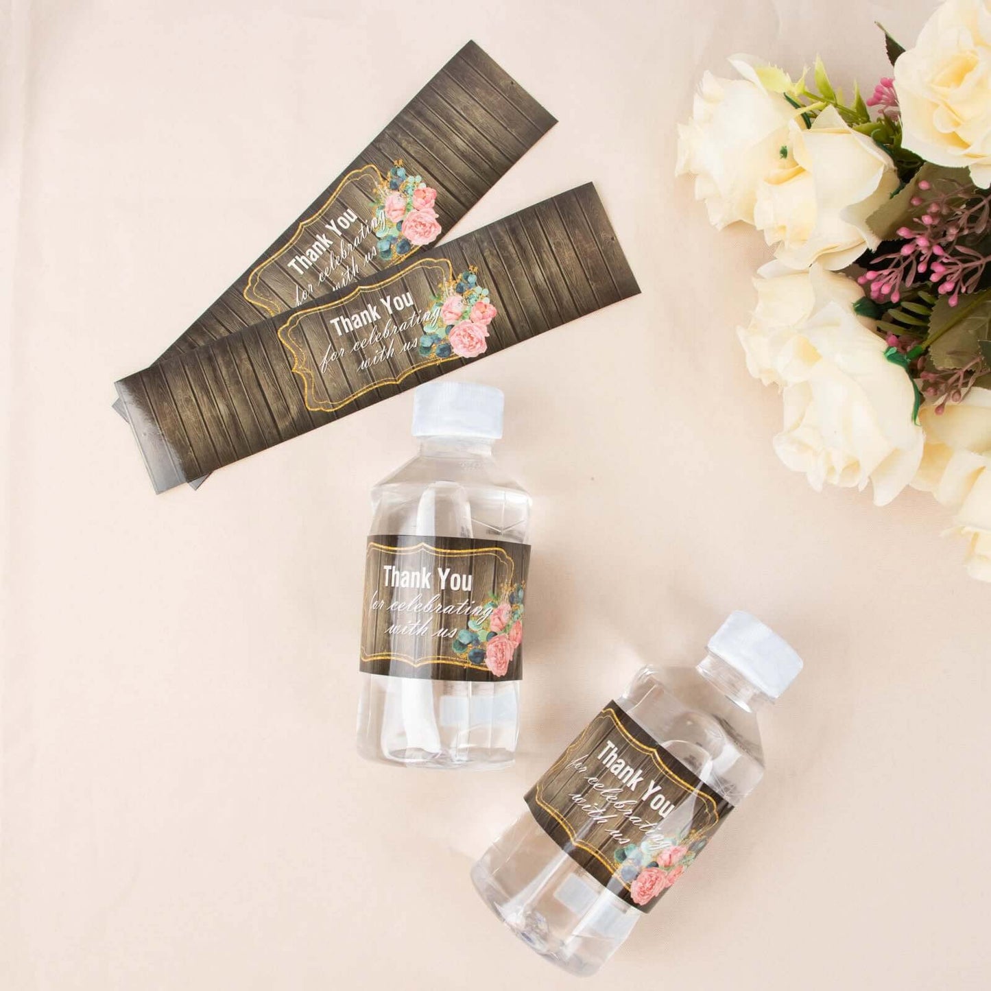 24 Pack Rustic Water Bottle Labels Wood Print with Gold Floral Frame "Thank You" Waterproof Bottle Stickers