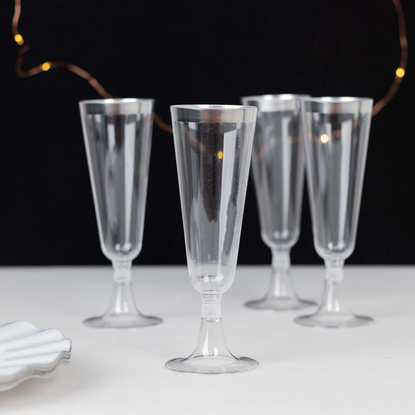 12-Pack Plastic Champagne Flutes Clear with Silver Rim - Stylish Disposable Cocktail Glasses for Parties 5oz 6"