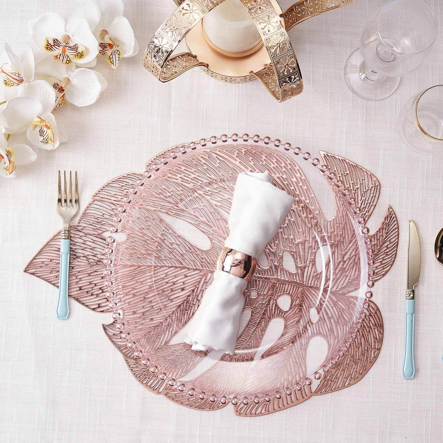 6-Pack Dining Table Mats Monstera Leaf Design Rose Gold - Vinyl Non-Slip Surface for Tropical Themes 18"