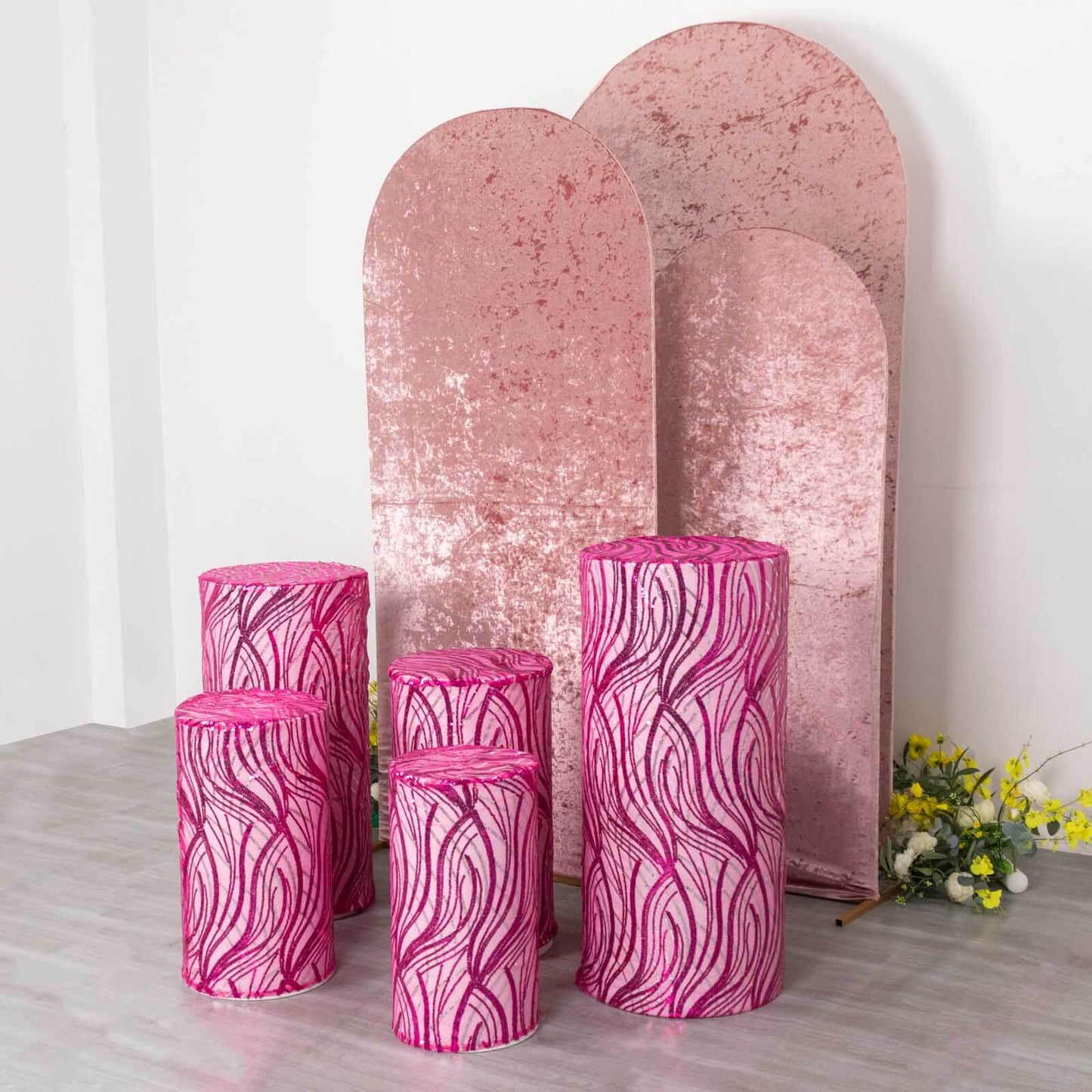 Set of 5 Fuchsia Wave Mesh Cylinder Pedestal Stand Covers with Embroidered Sequins, Pillar Prop Covers - 160 GSM