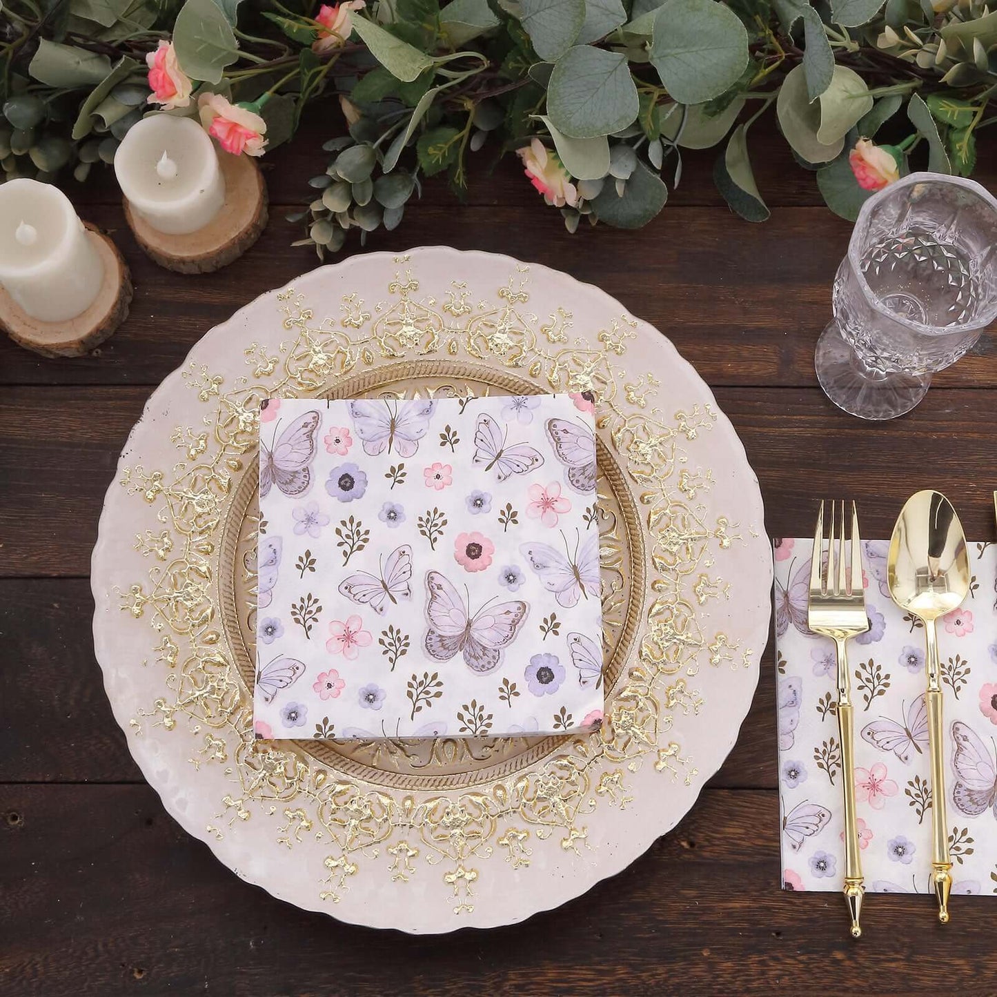 20-Pack Paper Beverage Napkins with Lavender Butterfly Floral Design Ivory - 2 Ply Soft 18GSM Garden Wedding Napkins 6.5"x6.5"