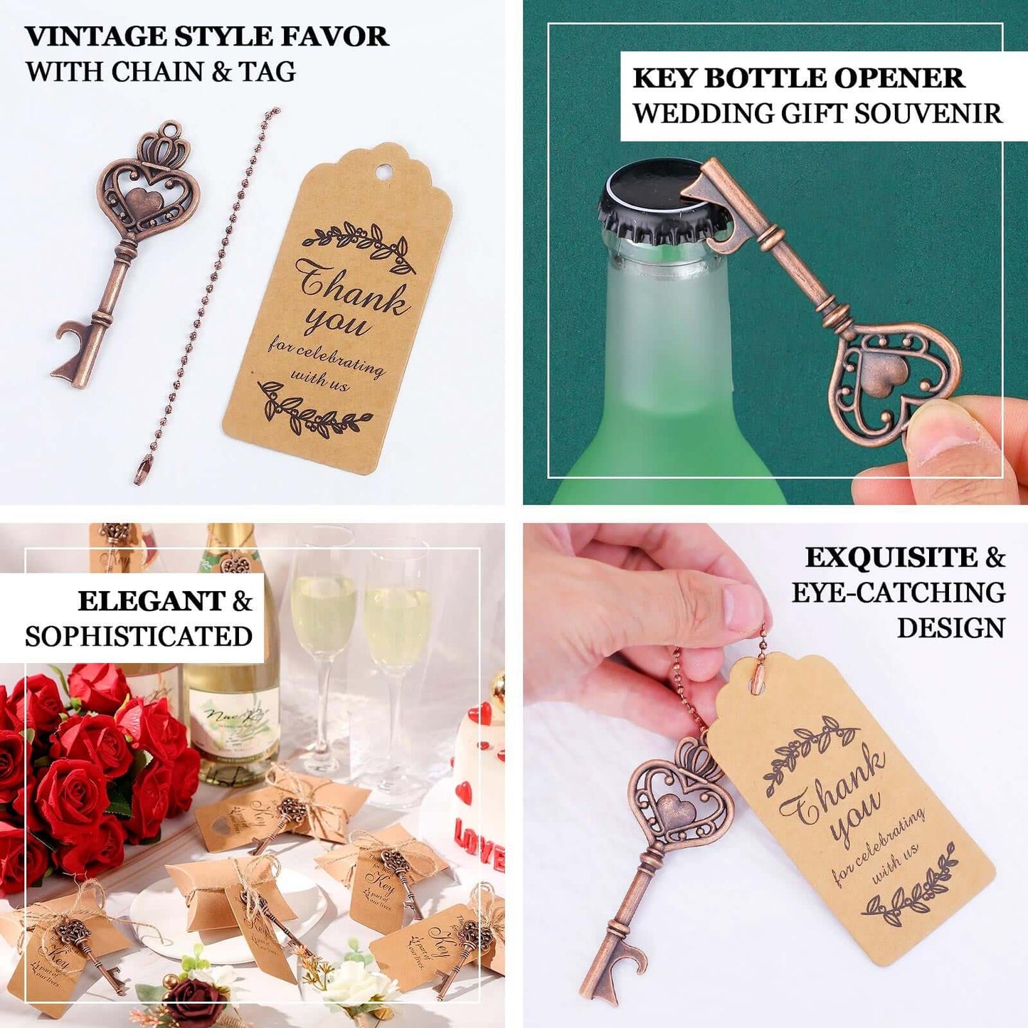 10 Pack Antique Gold Skeleton Key Bottle Opener Party Favors Wedding Souvenirs, Vintage Wedding Bridal Shower Favors With Tag Card & Chain