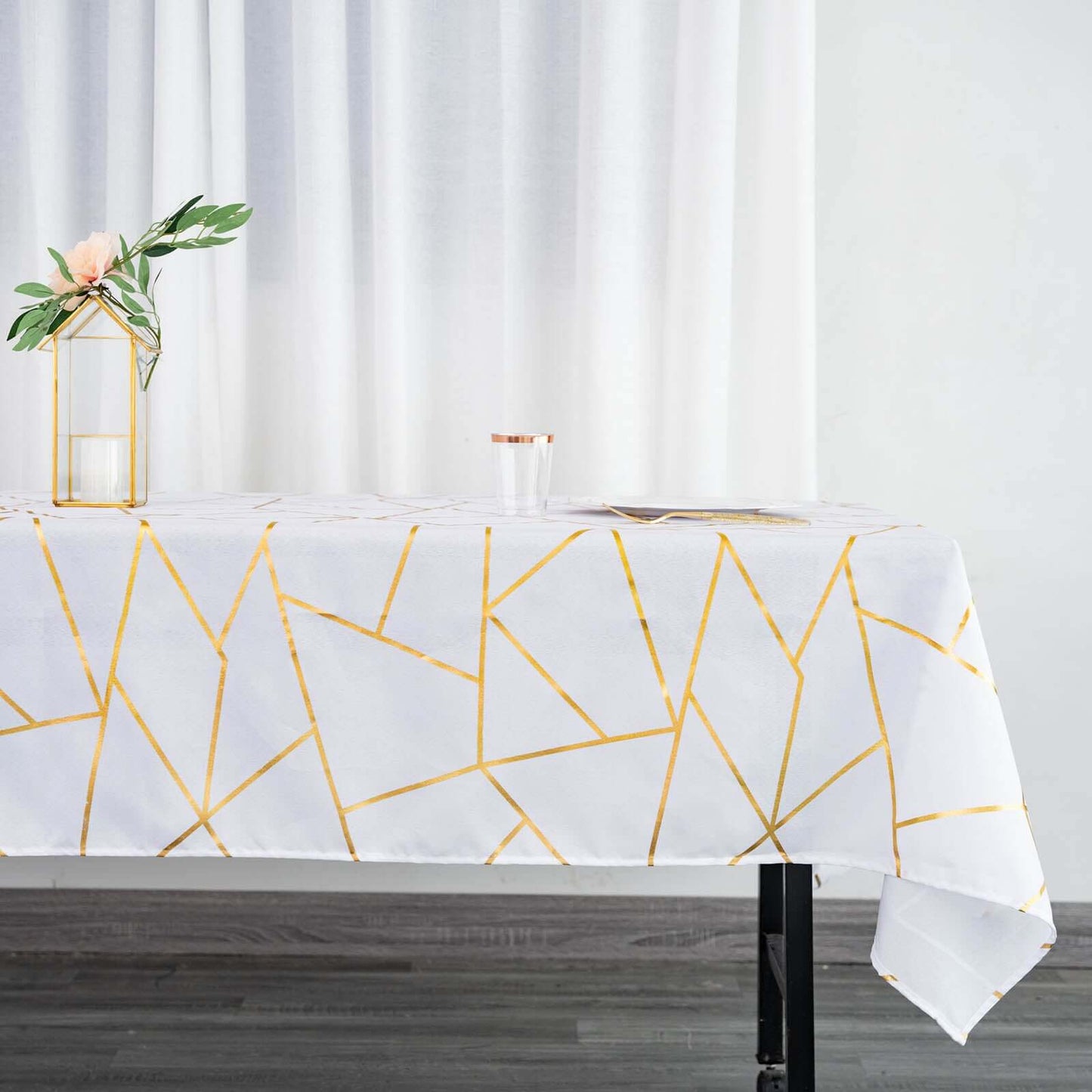 Polyester 60"x102" Rectangle Tablecloth White with Gold Foil Geometric Pattern - Wrinkle-Resistant and Durable Table Cover for Weddings & Events