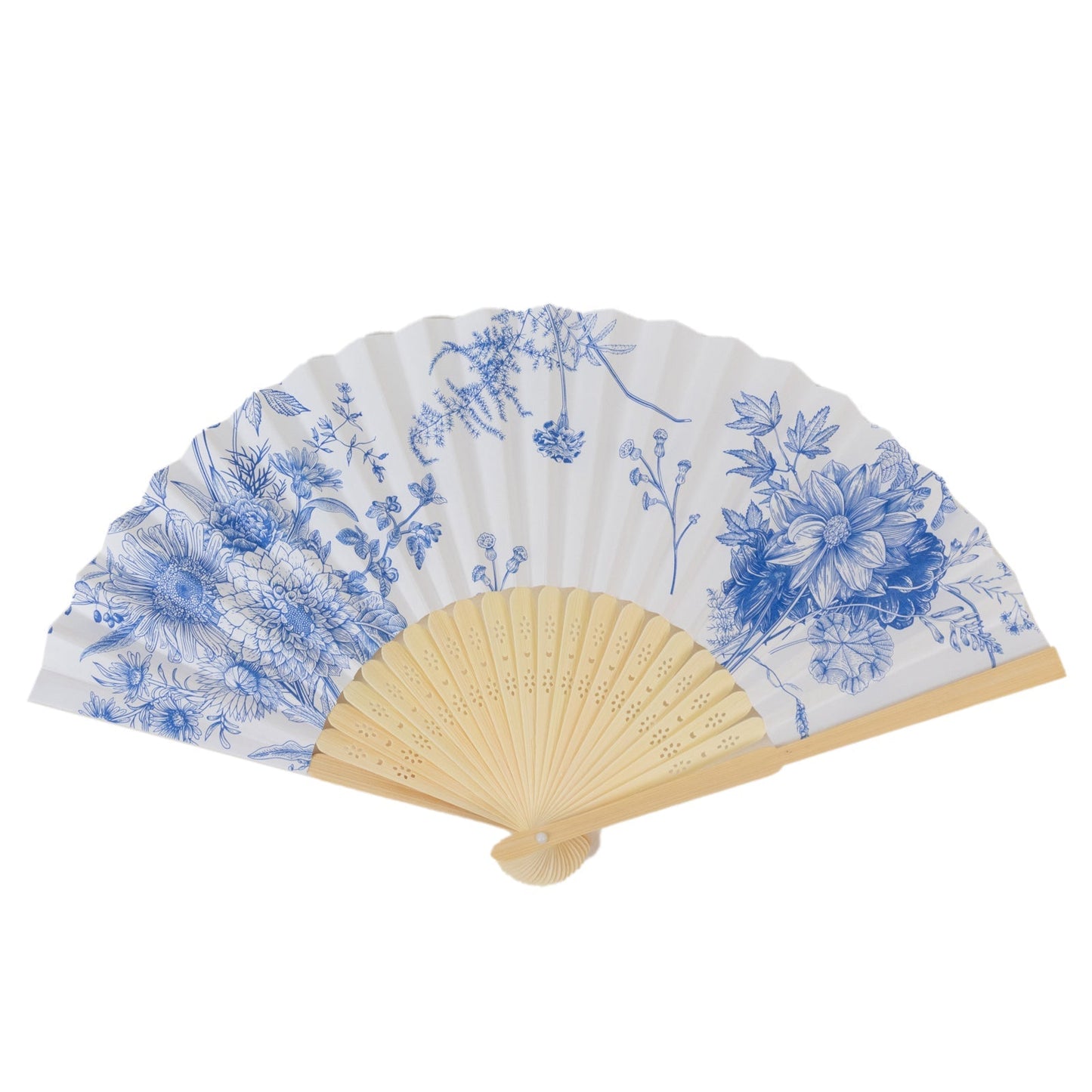5-Pack Paper Folding Fans Party Favors in White & Blue French Toile Pattern, Handheld Fans with Bamboo Frame