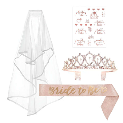 1 Set Rose Gold Bachelorette Party Bride Decor Accessories Kit, White Bridal Veil, Tiara Crown, Glittered Bride To Be Sash, & Stickers