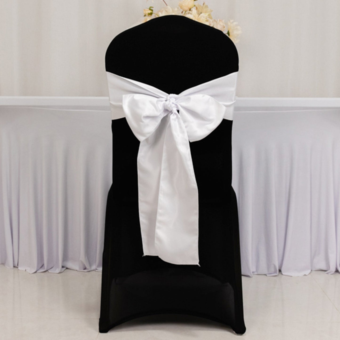 5 Pack Lamour Satin 6"x106" Chair Sashes White - Stylish Reusable Decorative Bows for Weddings & Gatherings
