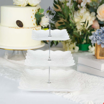 3-Tier Plastic Square Cupcake Stand Tower White - Charming Easy to Assemble Dessert Display Serving Tray Platter with Floral Embossed Scalloped Rim & Silver Handle for Tea Parties Weddings & Special Occasions 13"