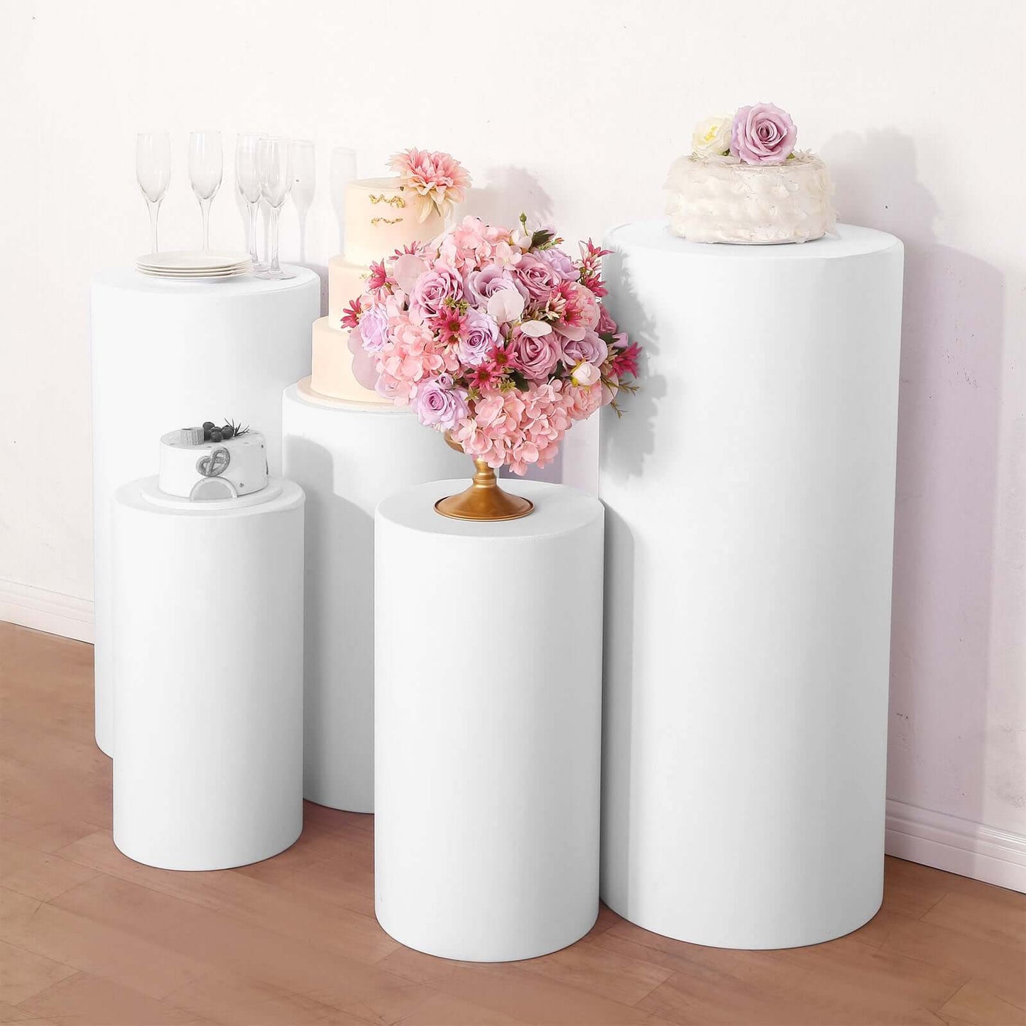 Set of 5 White Spandex Cylinder Pedestal Stand Covers, Stretchable Pillar Prop Covers - 160 GSM