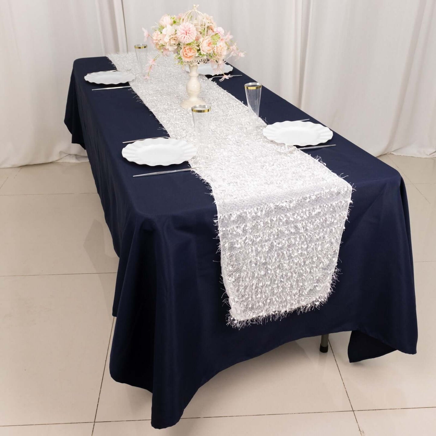 Polyester 12"x108" Table Runner White - Fringe Shag Table Decor