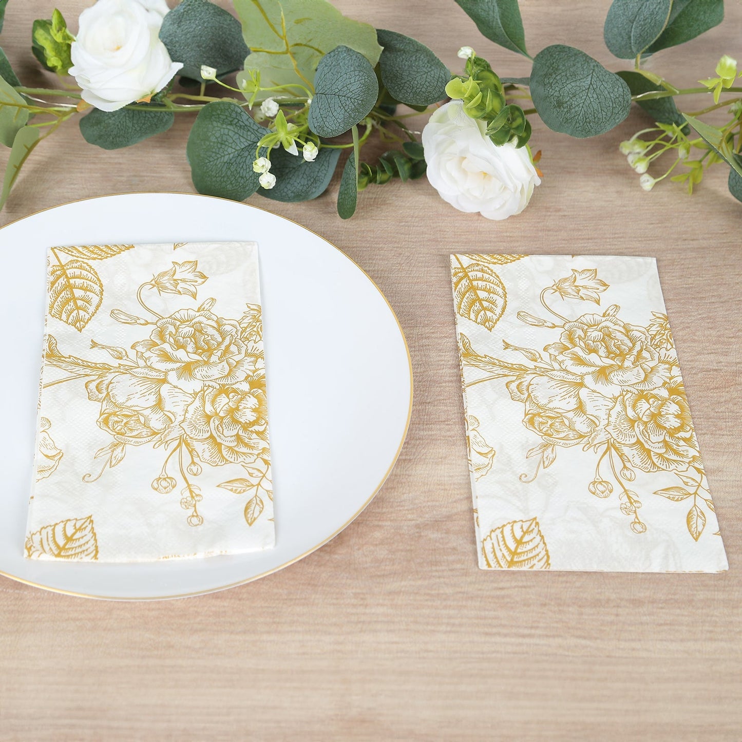 50-Pack Paper Dinner Napkins White with Gold French Toile Floral Pattern 2-Ply - Stylish Disposable Napkins for Events