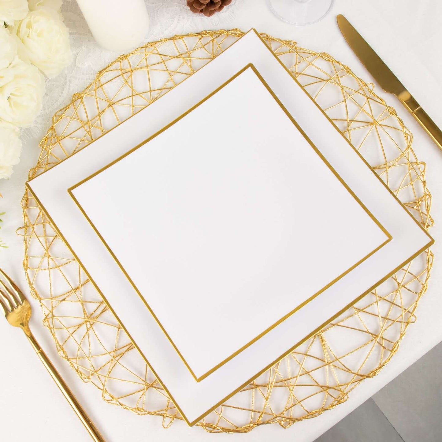 10-Pack Plastic 10" Square Dinner Plates in White Concave Style with Gold Rim - Modern Disposable Party Plates for Weddings & Special Events