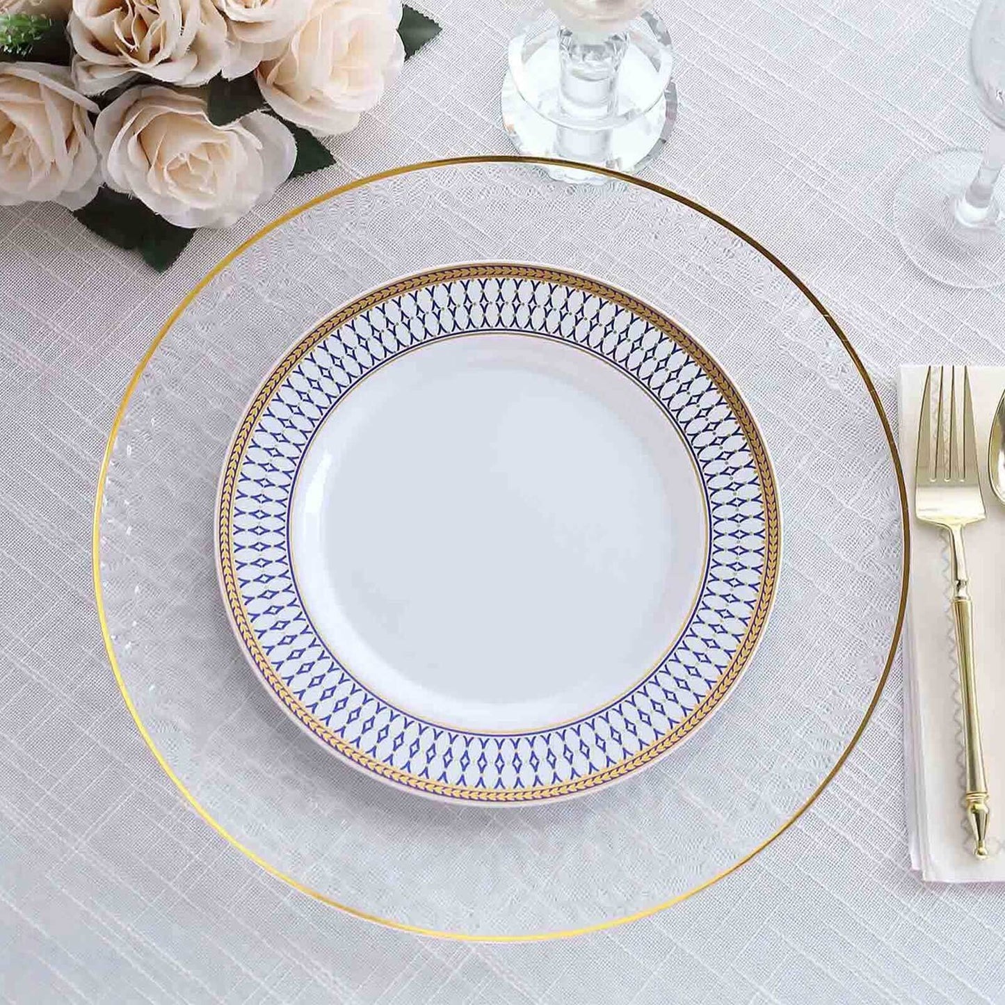 10-Pack Plastic 9" Round Dinner Plates in White with Gold Navy Blue Chord Rim - Renaissance Style Disposable Plates for Events & Banquets