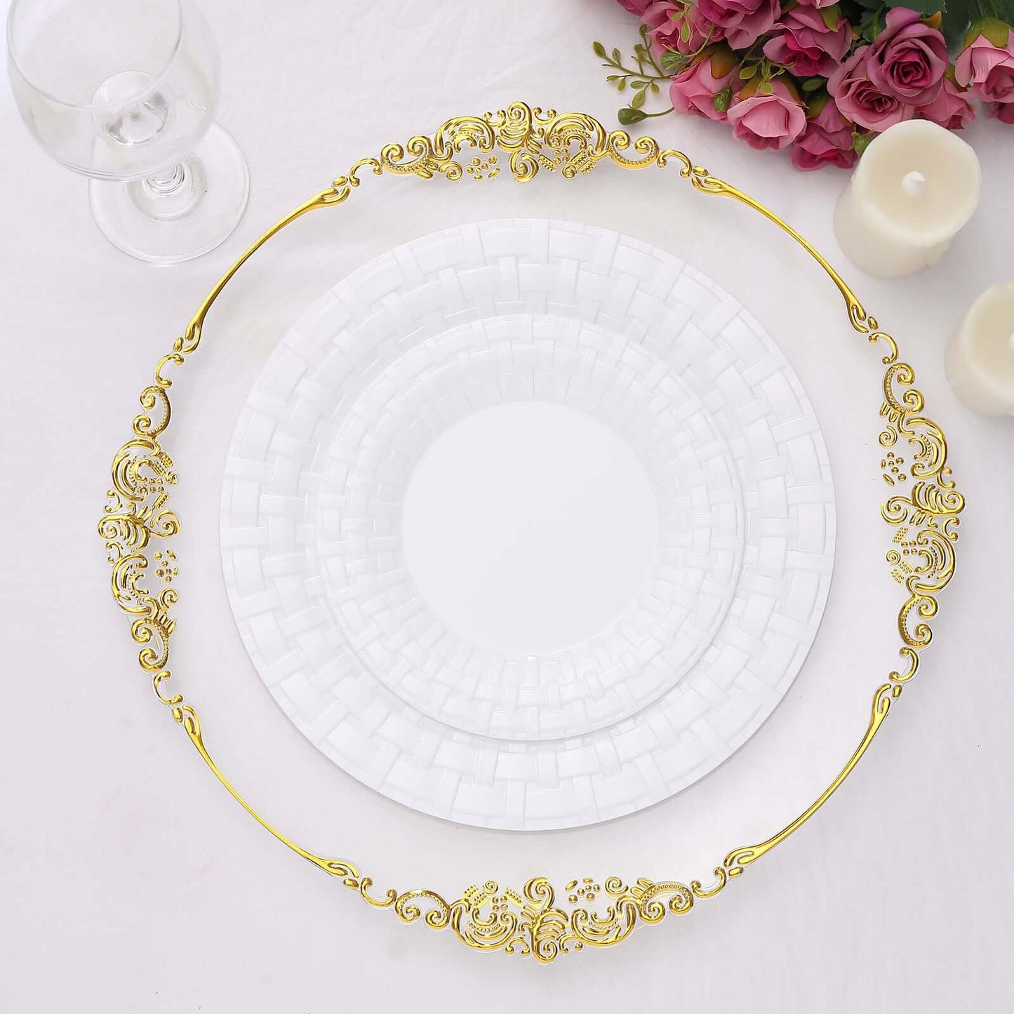 10-Pack Plastic Dinner Plates White Basketweave Rim - Durable Disposable Dinner Plates 10"