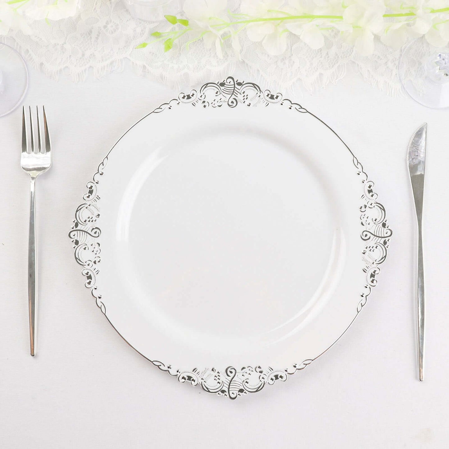 10-Pack Plastic 10" Round Dinner Plates in White with Silver Leaf Embossed Rim - Disposable Vintage Baroque Style Plates