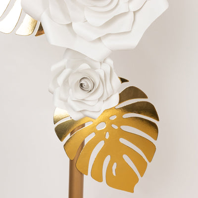 Set of 9 White 3D Rose Paper Flowers with Gold Tropical Palm Leaves, Party Flower Backdrop Hanging Wall Decor