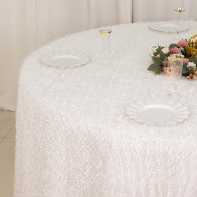 Polyester 120" Round Tablecloth White with Shaggy Fringe Design - Exquisite Table Cover