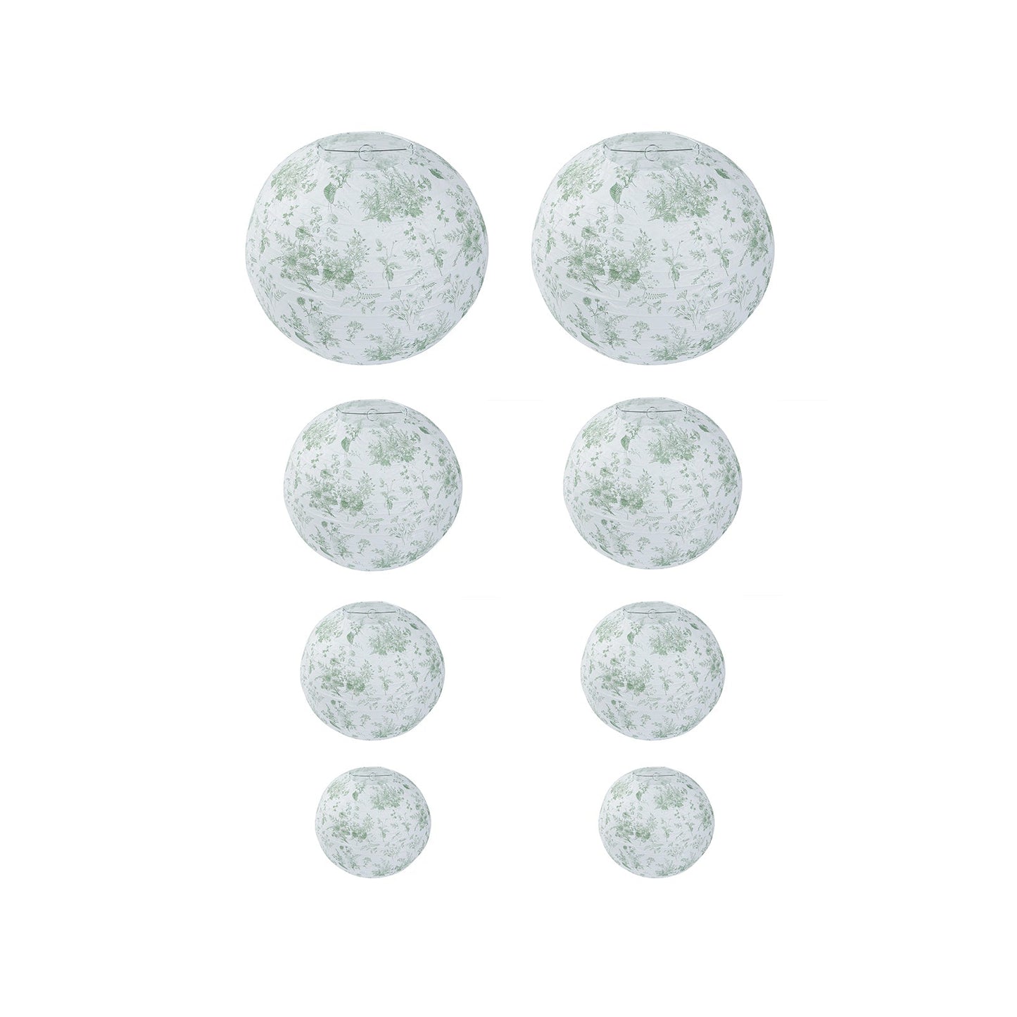 Set of 8 White Sage Green Hanging Chinese Lanterns in French Toile Floral Pattern, Festival Paper Lanterns - 6",8",10",14"