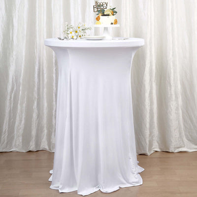 Spandex 30" Round Cocktail Table Cover Skirt White With Natural Wavy Drapes