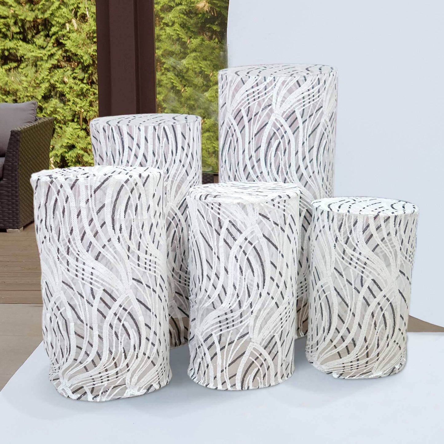 Set of 5 White Wave Mesh Cylinder Pedestal Stand Covers with Embroidered Sequins, Pillar Prop Covers - 160 GSM