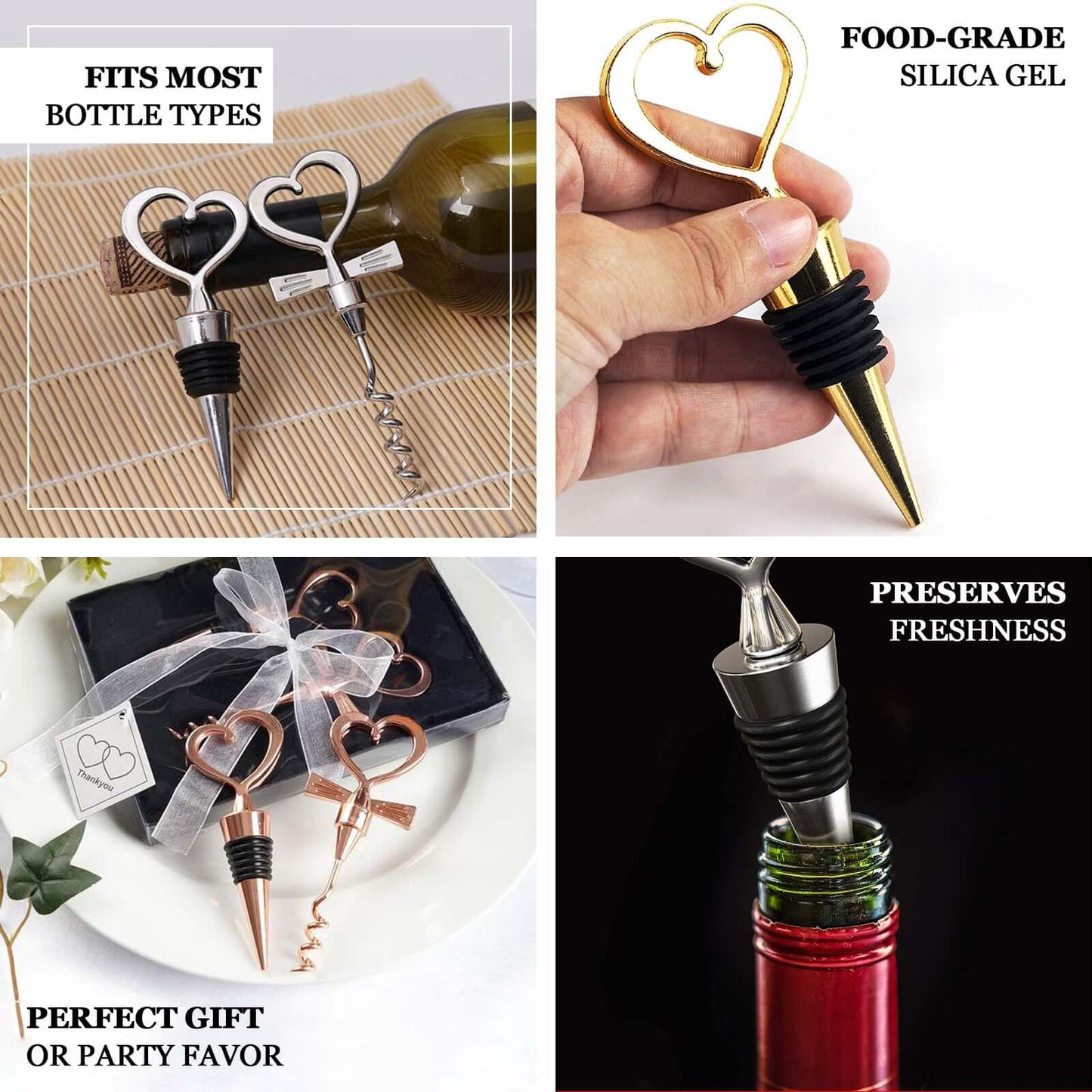 Silver Metal Heart Wine Bottle Opener Cork Stopper Party Favors Souvenir Gift Set, Wedding Favor in Velvet Box - 4.5",5"