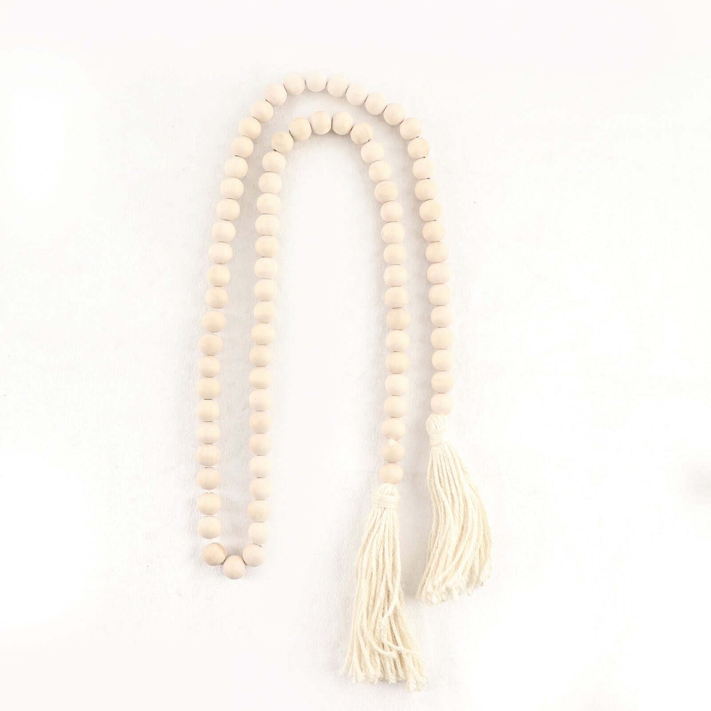 55" Cream Rustic Boho Chic Wood Bead Garland With Tassels, Farmhouse Country Wood Bead Chain